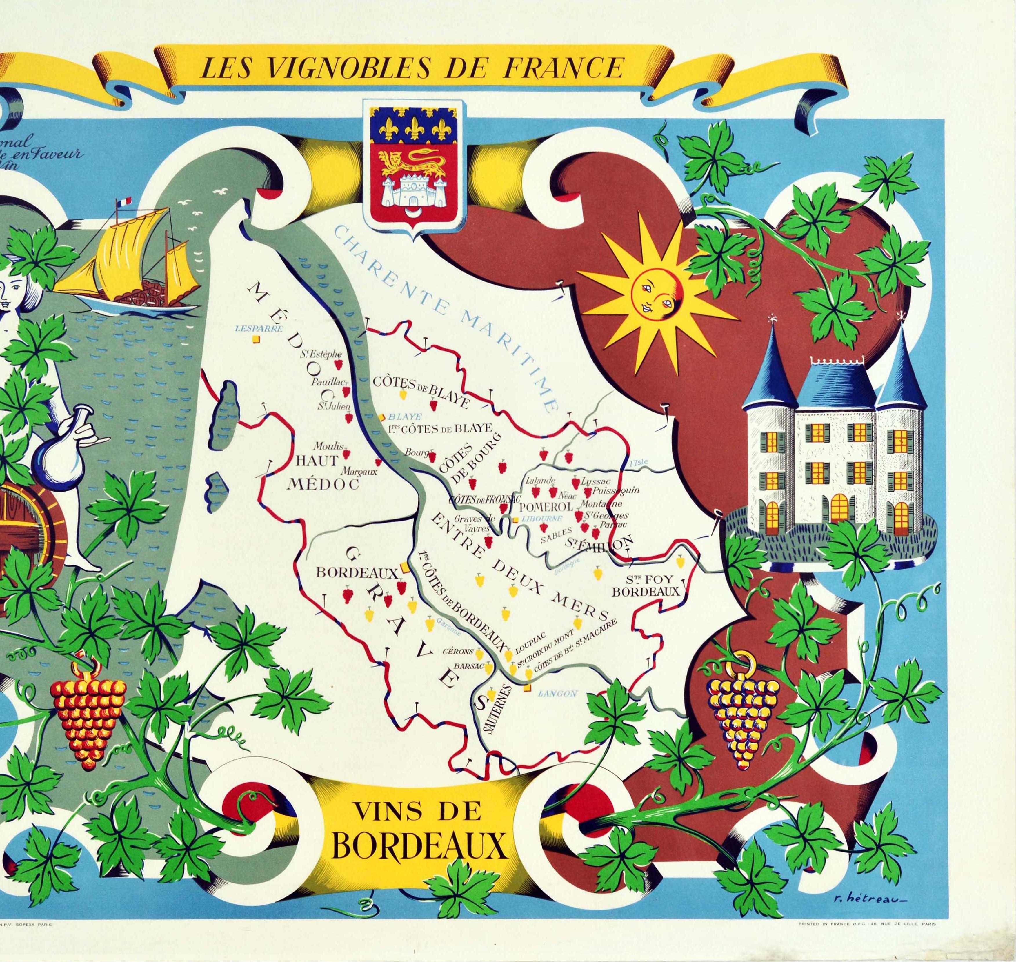 French Original Vintage Poster Vignobles De France Vineyards Vins De Bordeaux Wine Map
