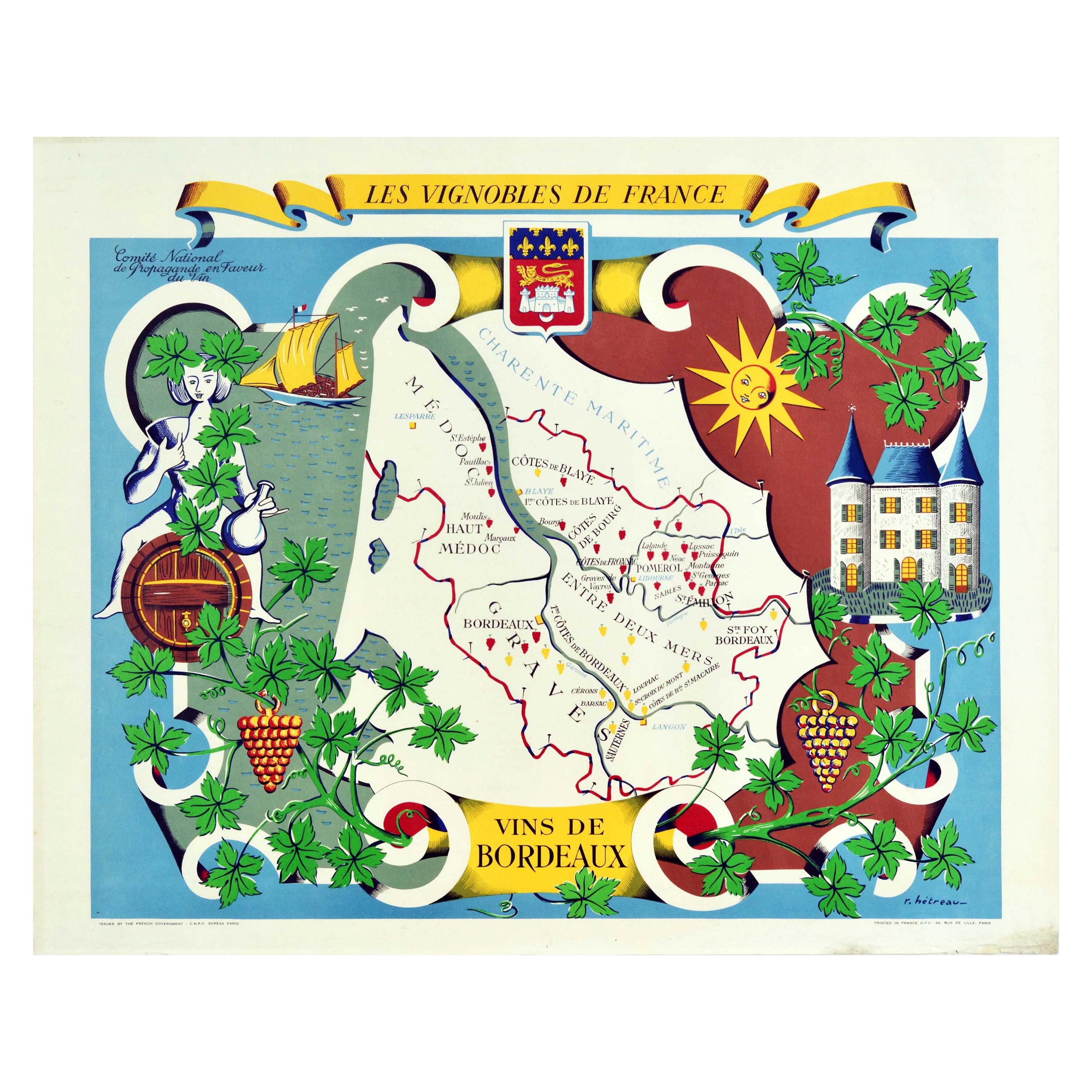 Original Vintage Poster Vignobles De France Vineyards Vins De Bordeaux Wine Map