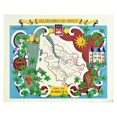 Original Retro Poster Vignobles De France Vineyards Vins De Bordeaux Wine Map