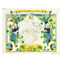 Original Retro Poster Vignobles De France Vineyards Vins De Champagne Wine Map