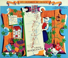 Affiche rétro originale, Vignobles de France, Vins de Bourgogne, Carte des vins