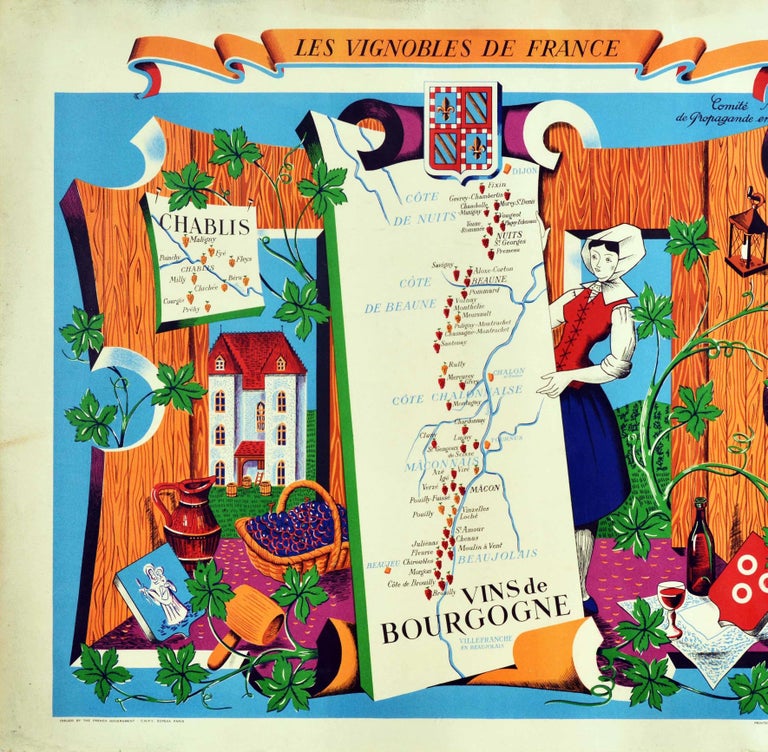 French Original Vintage Poster Vignobles De France Vins De Bourgogne Burgundy Wine Map For Sale