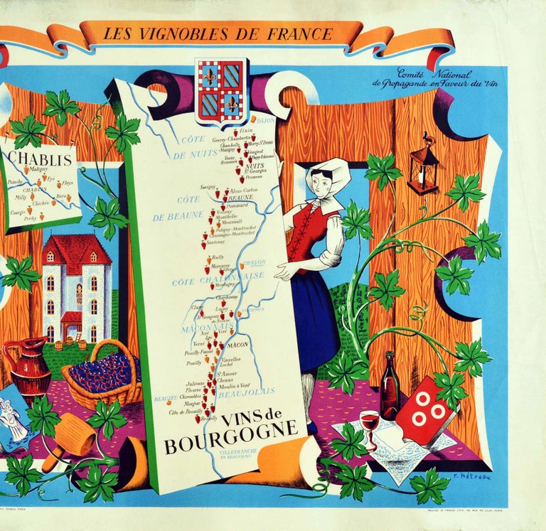 Original Vintage Poster Vignobles De France Vins De Bourgogne Burgundy Wine Map In Fair Condition For Sale In London, GB