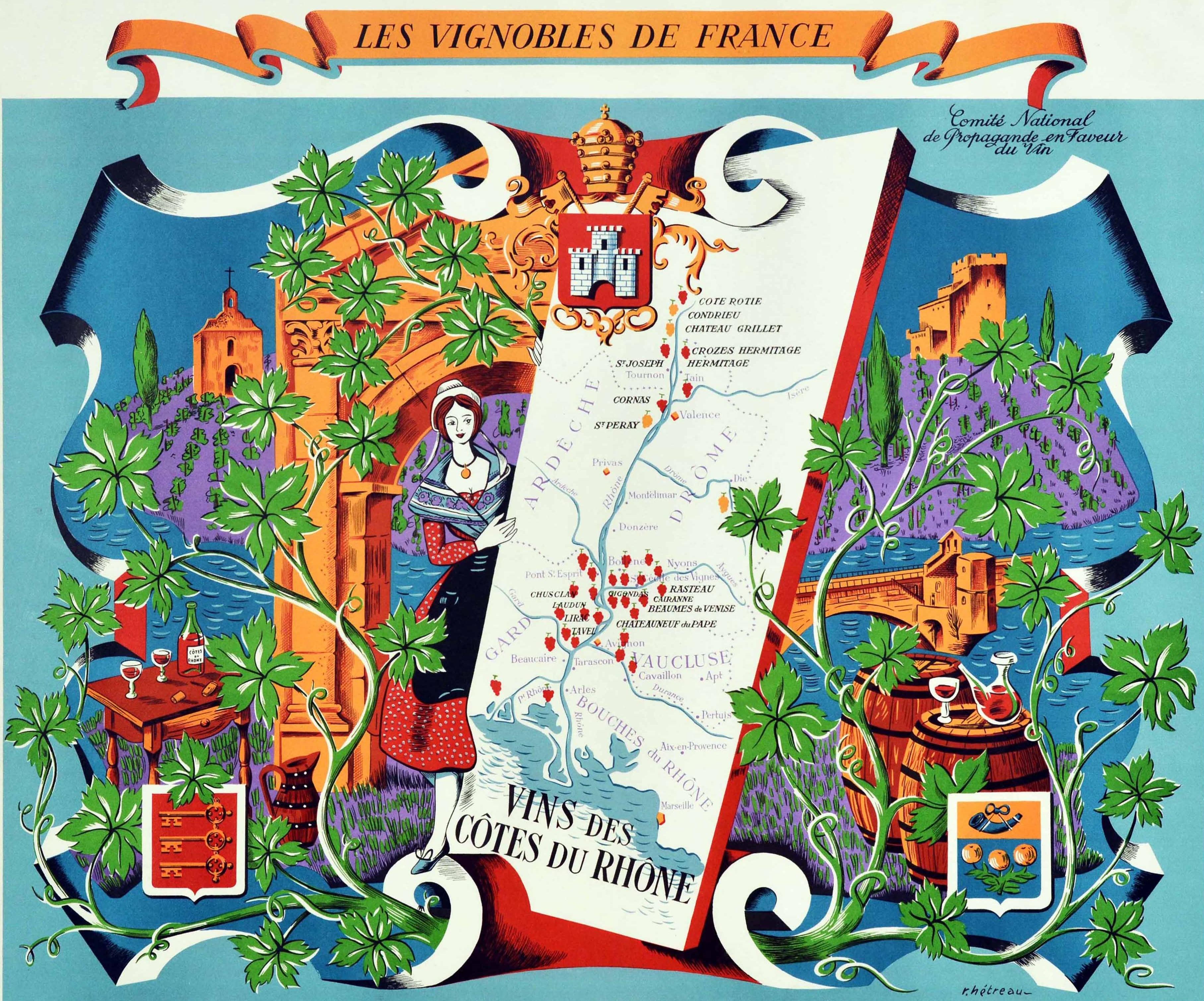 Original vintage drink advertising poster promoting French wines (one of a series issued by the Comite National de Propagande en Faveur du Vin national committee for the promotion of wine): Les Vignobles de France Vins des Cotes du Rhone / The