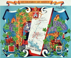 Original Vintage Poster Vignobles De France Vins Des Cotes Du Rhone Wine Map Art