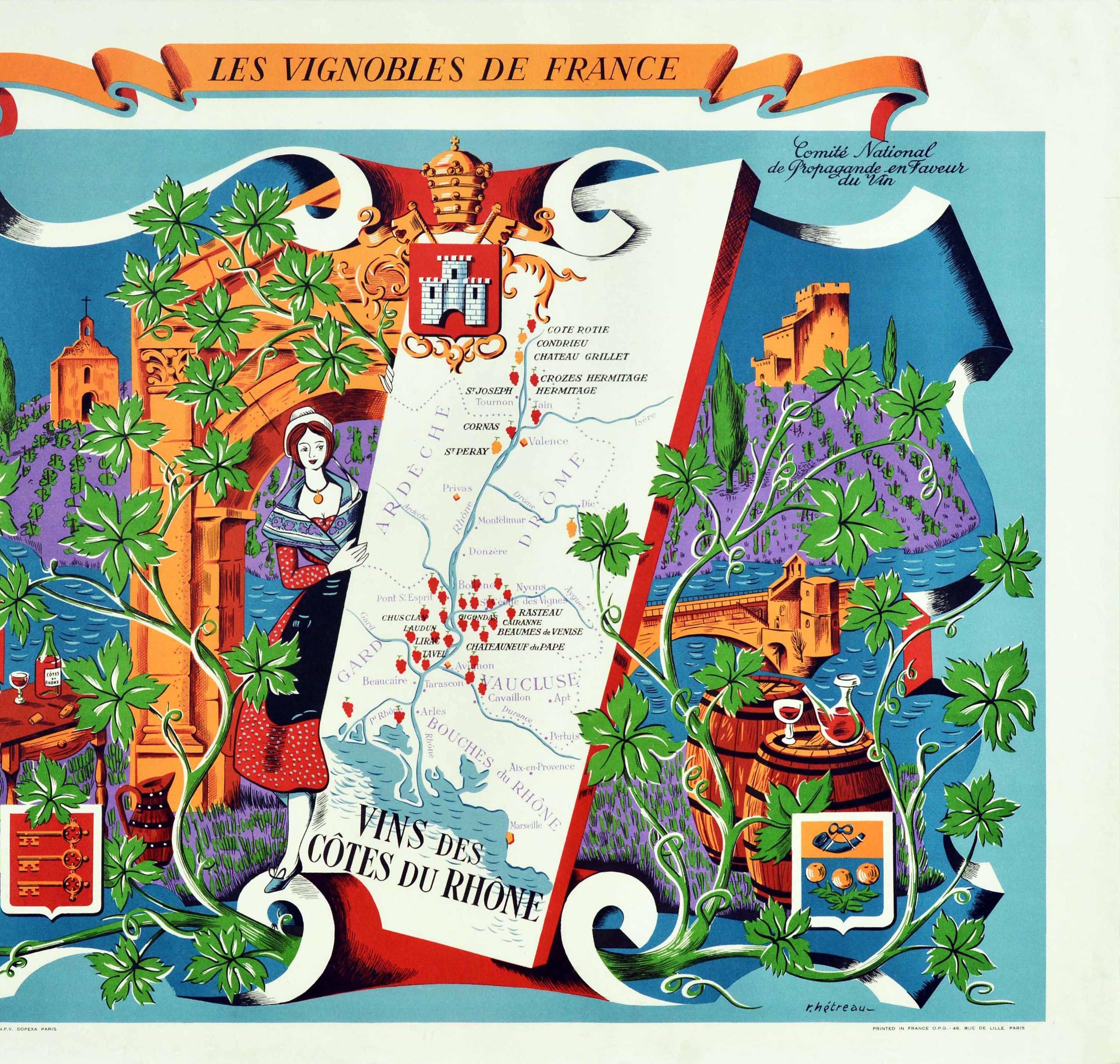 French Original Vintage Poster Vignobles De France Vins Des Cotes Du Rhone Wine Map Art
