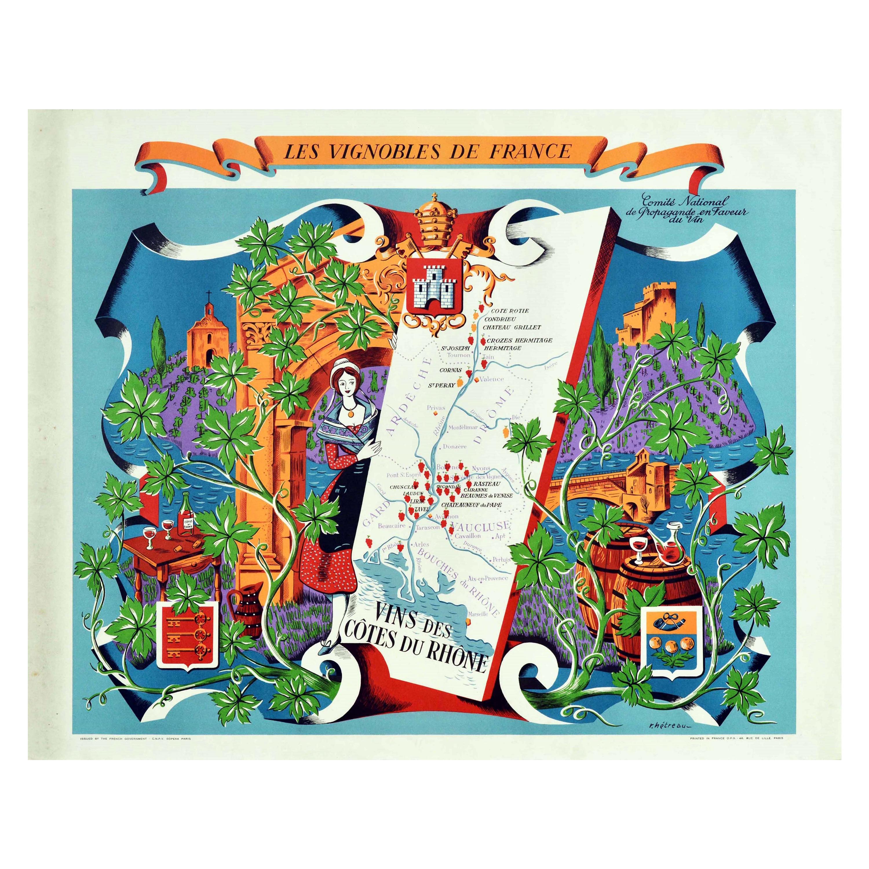 Original Vintage Poster Vignobles De France Vins Des Cotes Du Rhone Wine Map Art