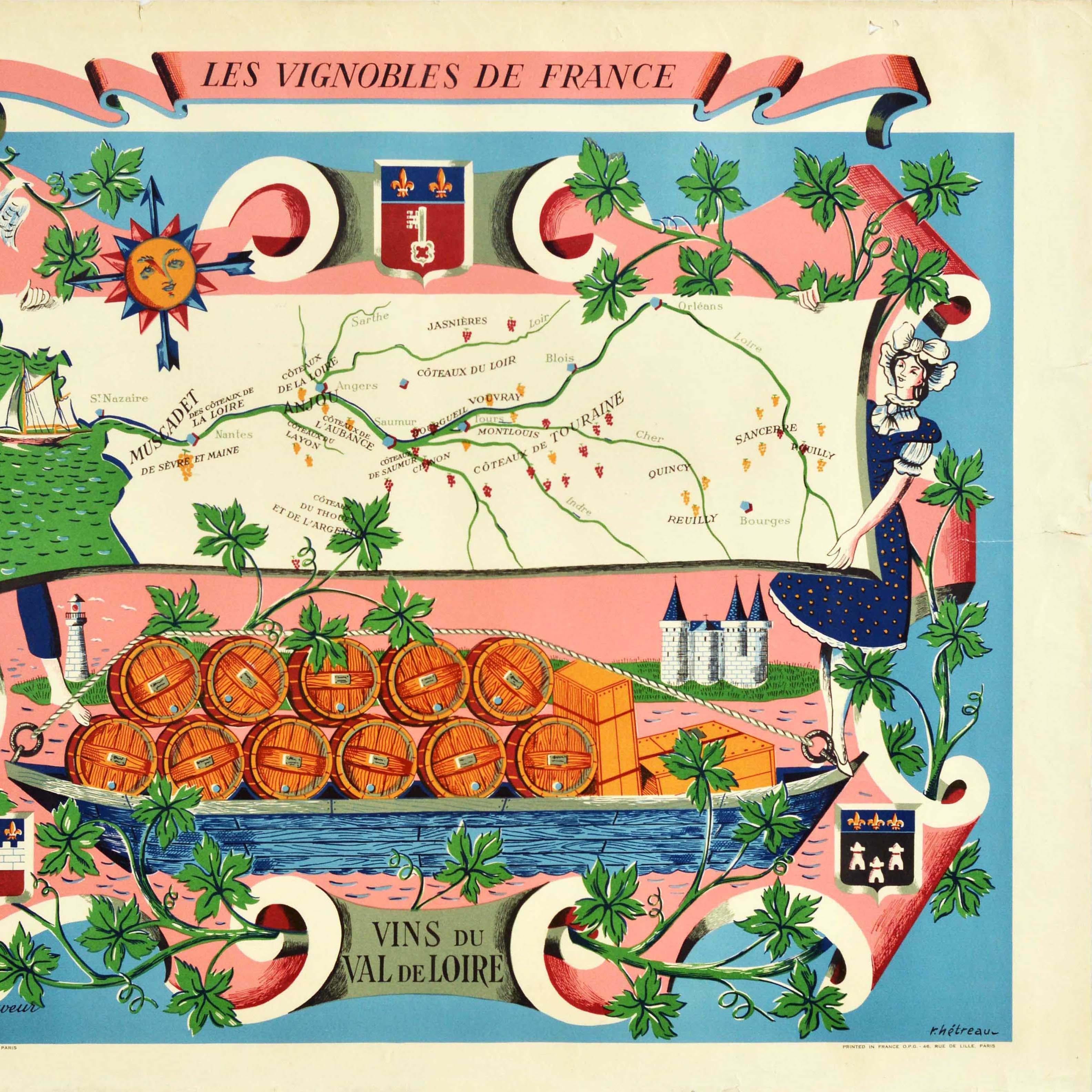 Original Vintage Poster Vignobles De France Vins Du Val De Loire Valley Wine Map In Fair Condition For Sale In London, GB