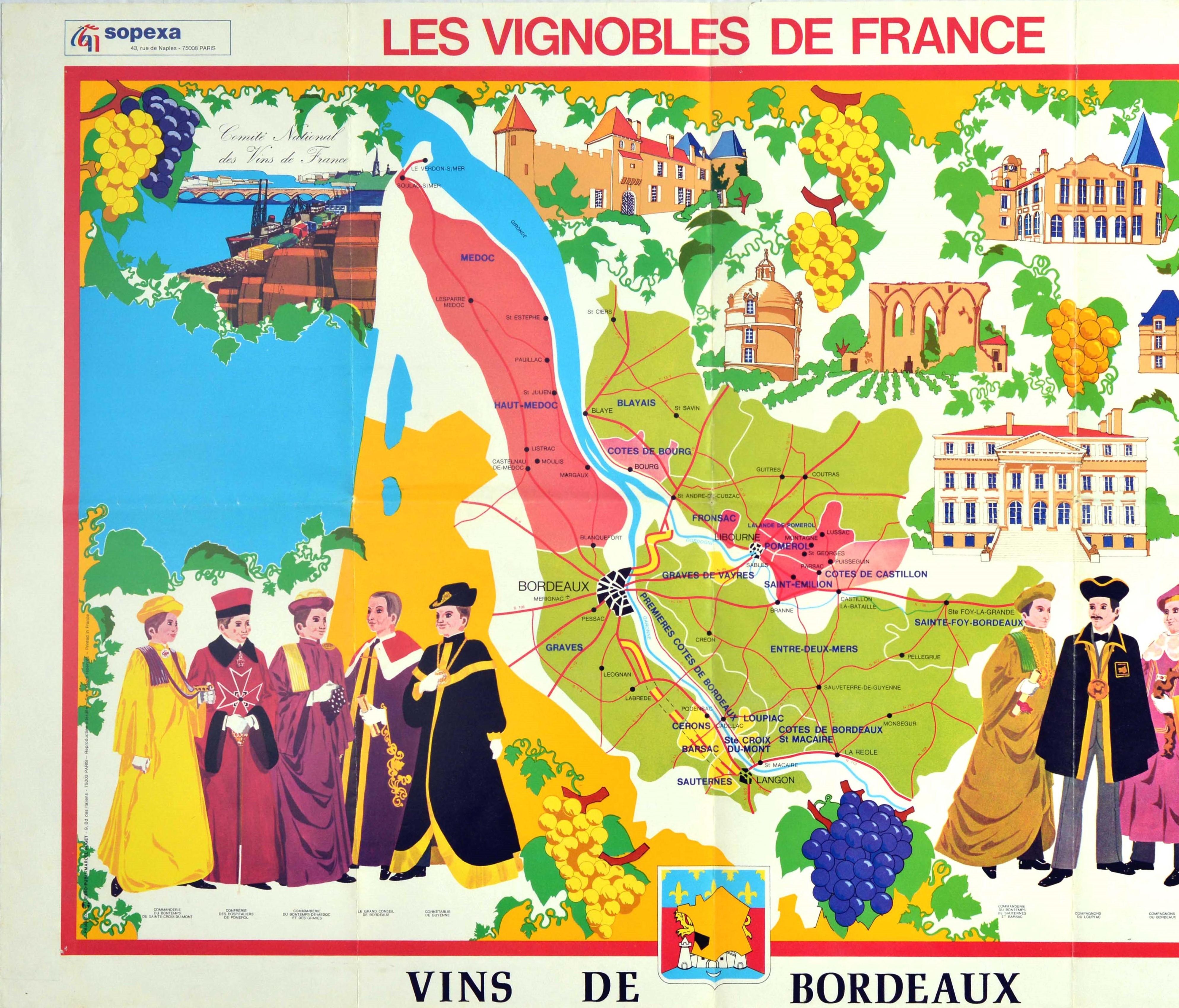 Affiche publicitaire vintage originale pour Les Vignobles de France Vins de Bordeaux / The Vineyards of France Bordeaux Wines présentant une carte pictographique de la région viticole de Bordeaux avec des illustrations colorées de personnes en