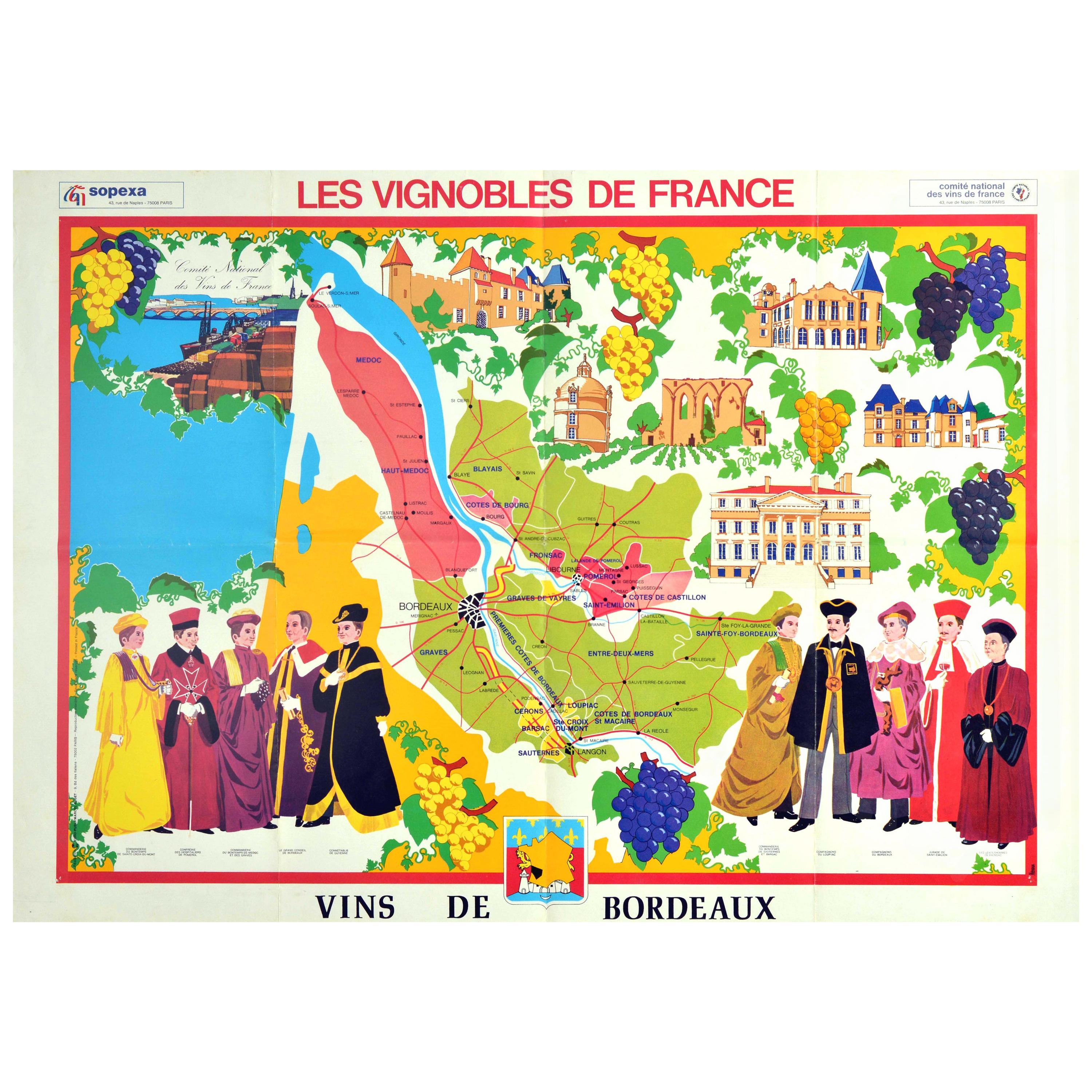 Original Vintage Poster Vineyards Of Bordeaux Wine Map Les Vignobles De France