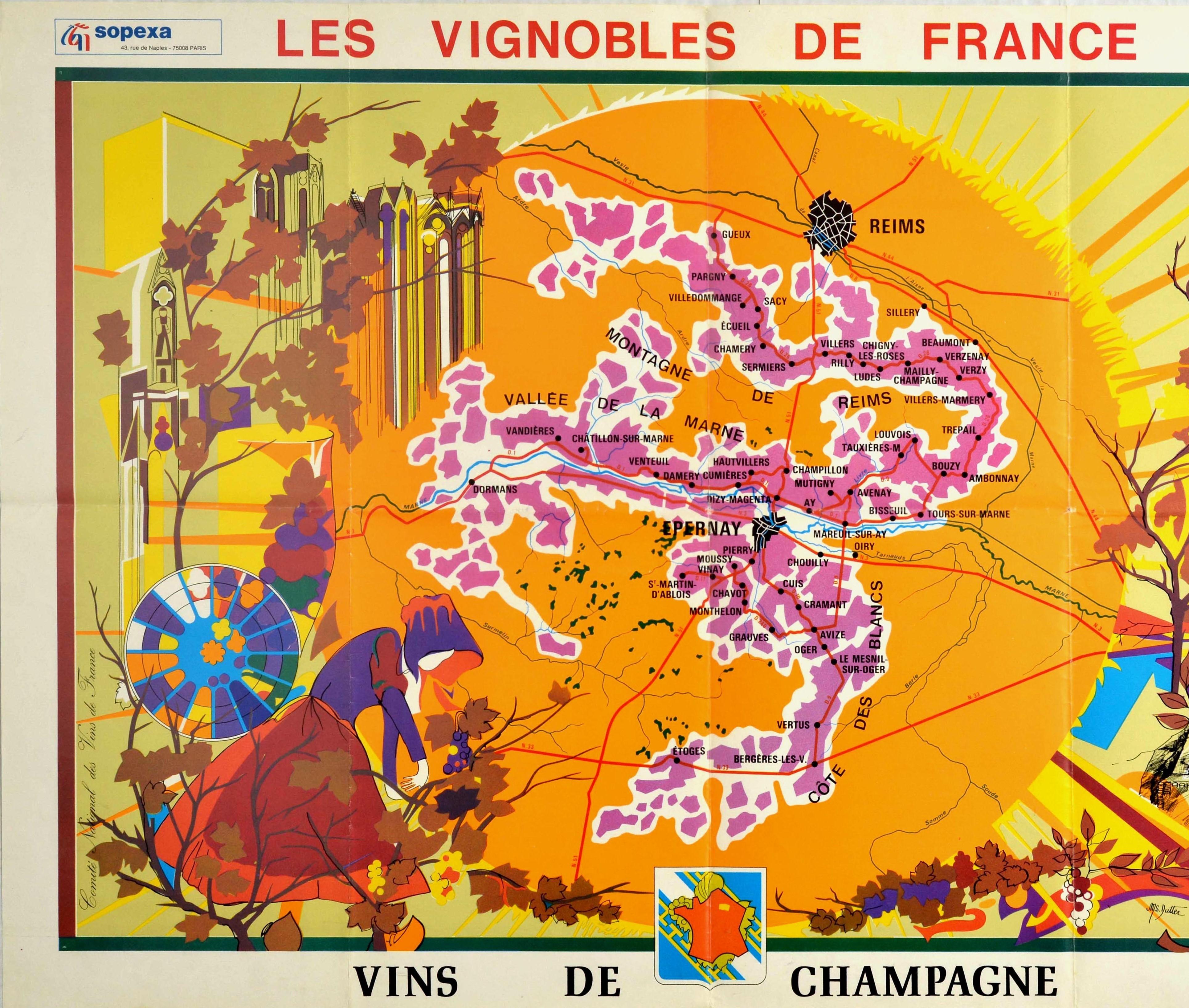 Original vintage advertising poster for Les Vignobles de France Vins de Champagne / The Vineyards of France Wines of Champagne featuring a pictographic map of the Champagne wine region framed by an illustration of a lady gathering grapes from a vine
