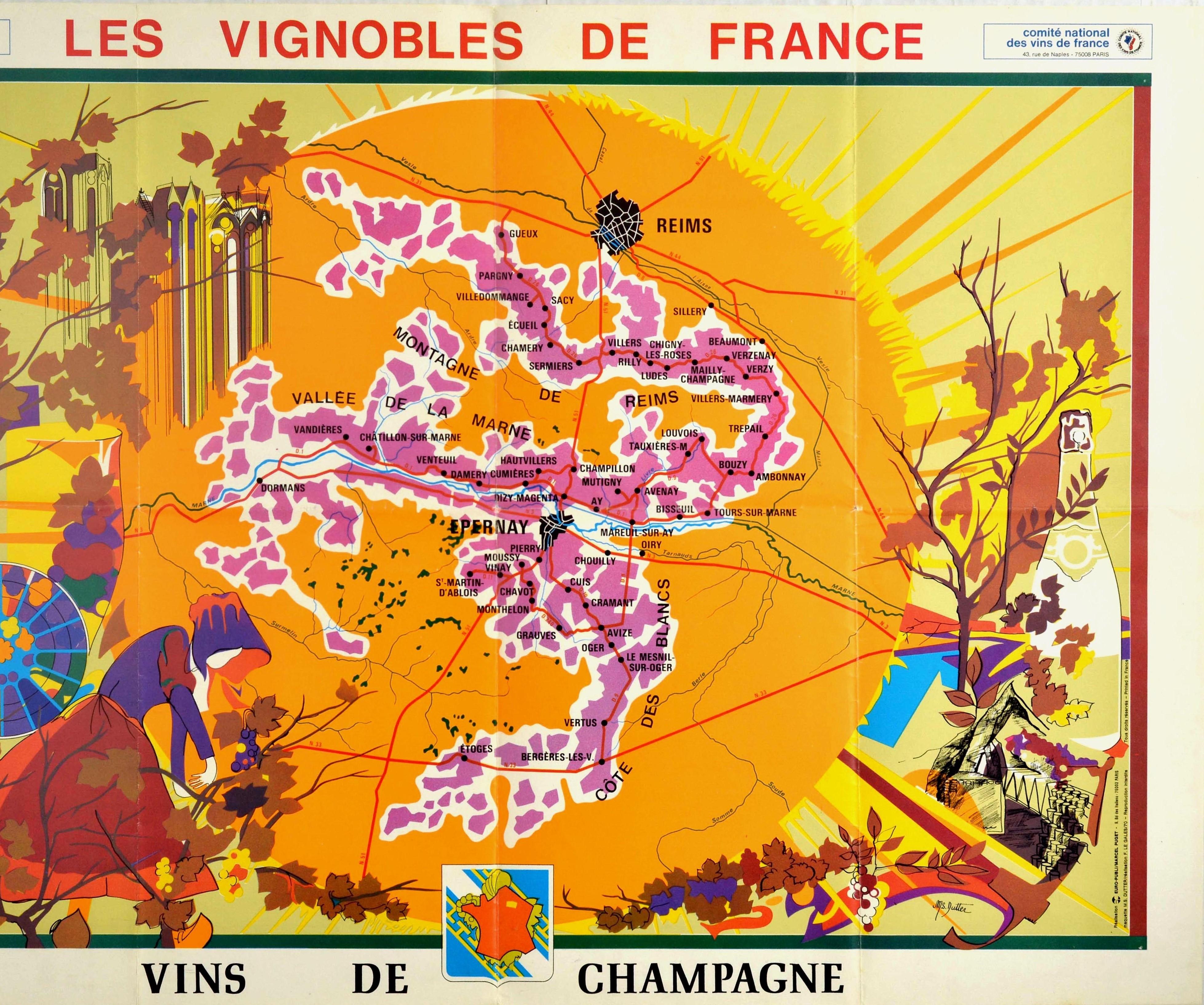 Français Affiche vintage d'origine Vineyards Of Champagne Wine Map Les Vignobles de France en vente