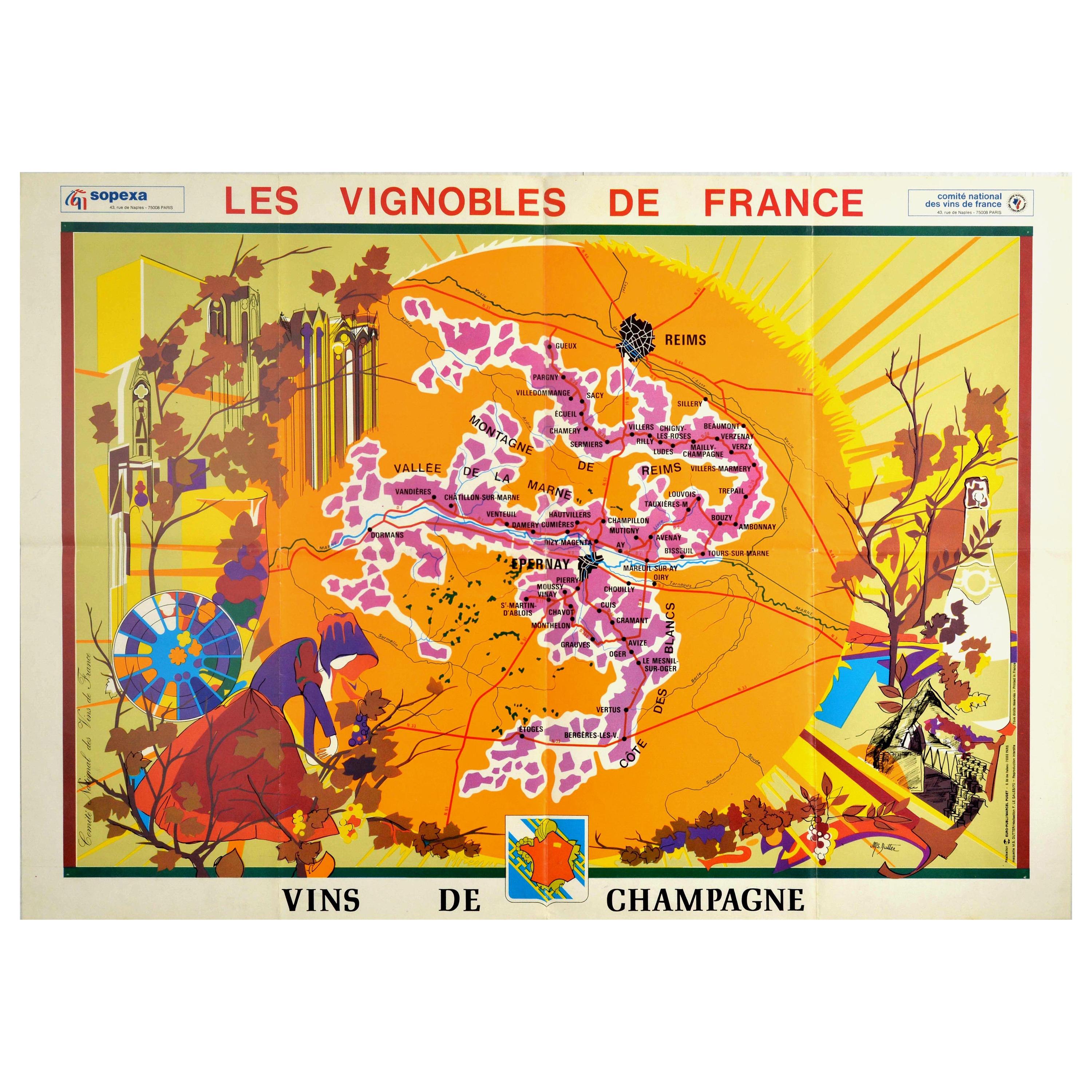 Affiche vintage d'origine Vineyards Of Champagne Wine Map Les Vignobles de France en vente