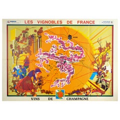 Original Retro Poster Vineyards Of Champagne Wine Map Les Vignobles De France