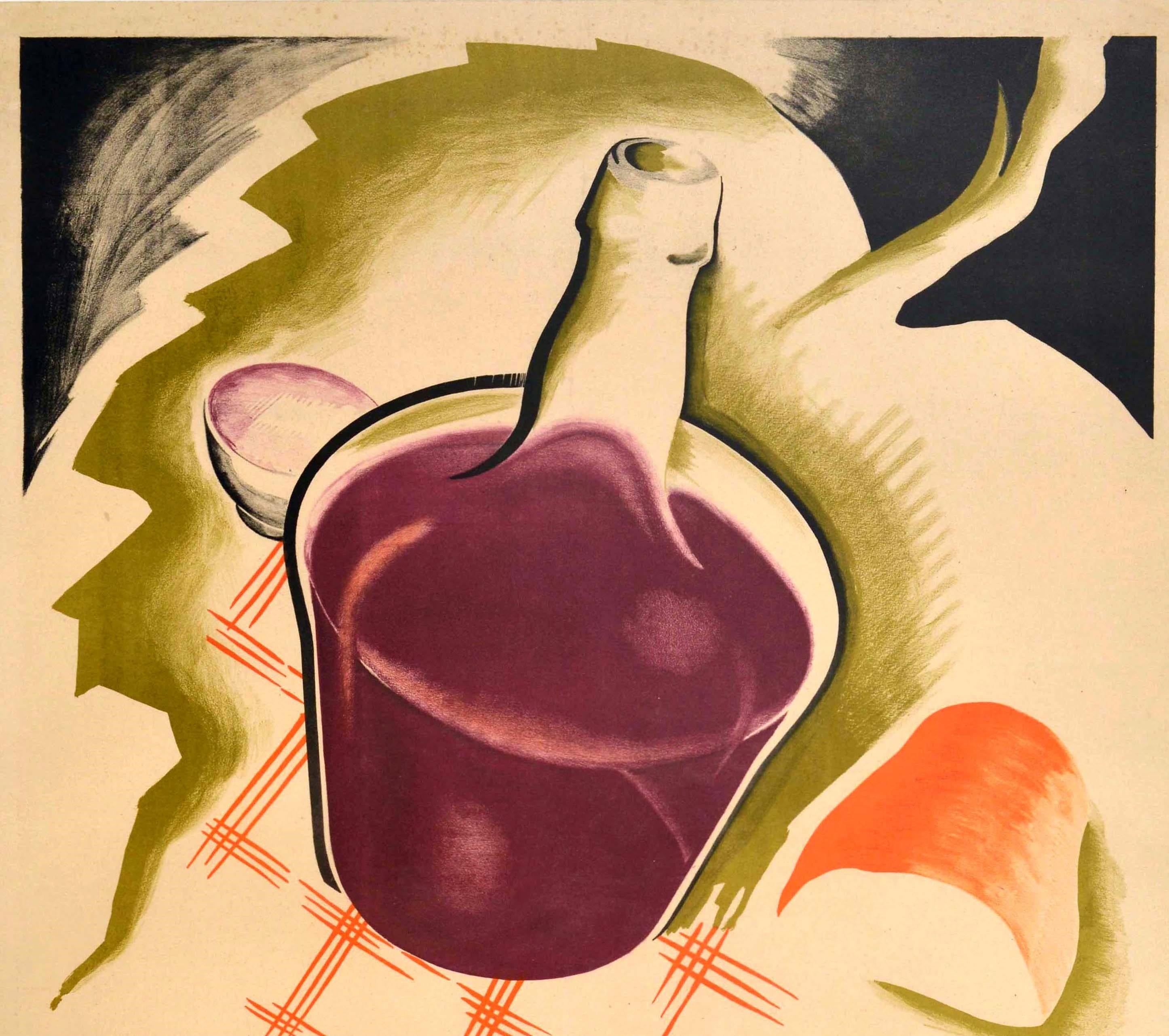 Original-Werbeplakat für alkoholische Getränke mit einem Zitat des berühmten französischen Chemikers, Mikrobiologen und Bakteriologen Louis Pasteur (1822-1895): Wine is the Healthiest and Most Hygienic of Beverages / El Vino Es La Mas Sana E
