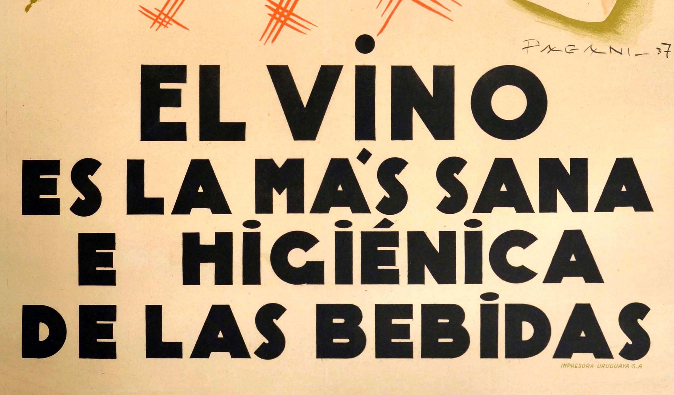 Art déco Affiche vintage d'origine Vino Art Déco - Le meilleur boisson à boire est un vin, citation de Louis Pasteur en vente