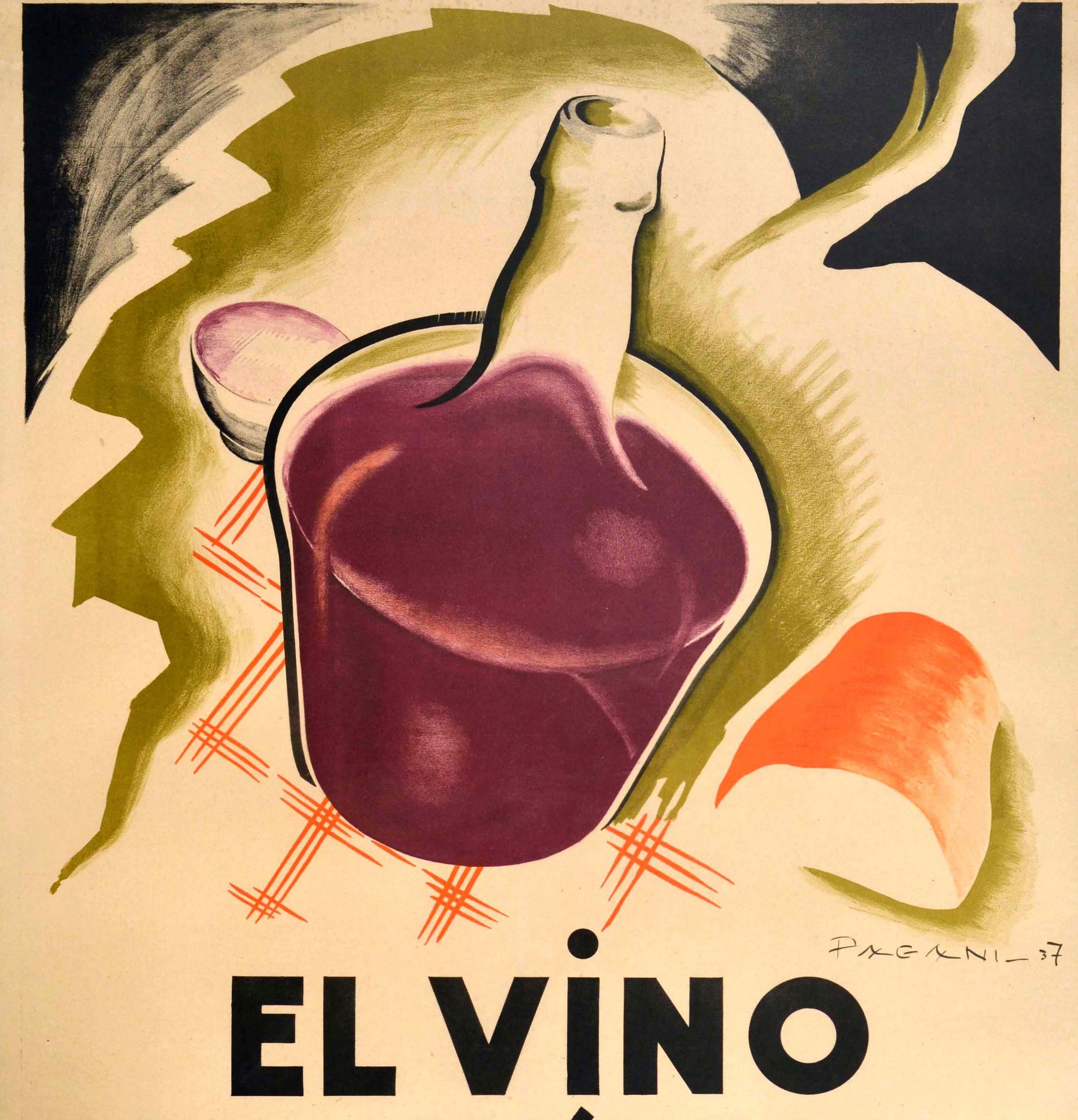 Uruguayen Affiche vintage d'origine Vino Art Déco - Le meilleur boisson à boire est un vin, citation de Louis Pasteur en vente