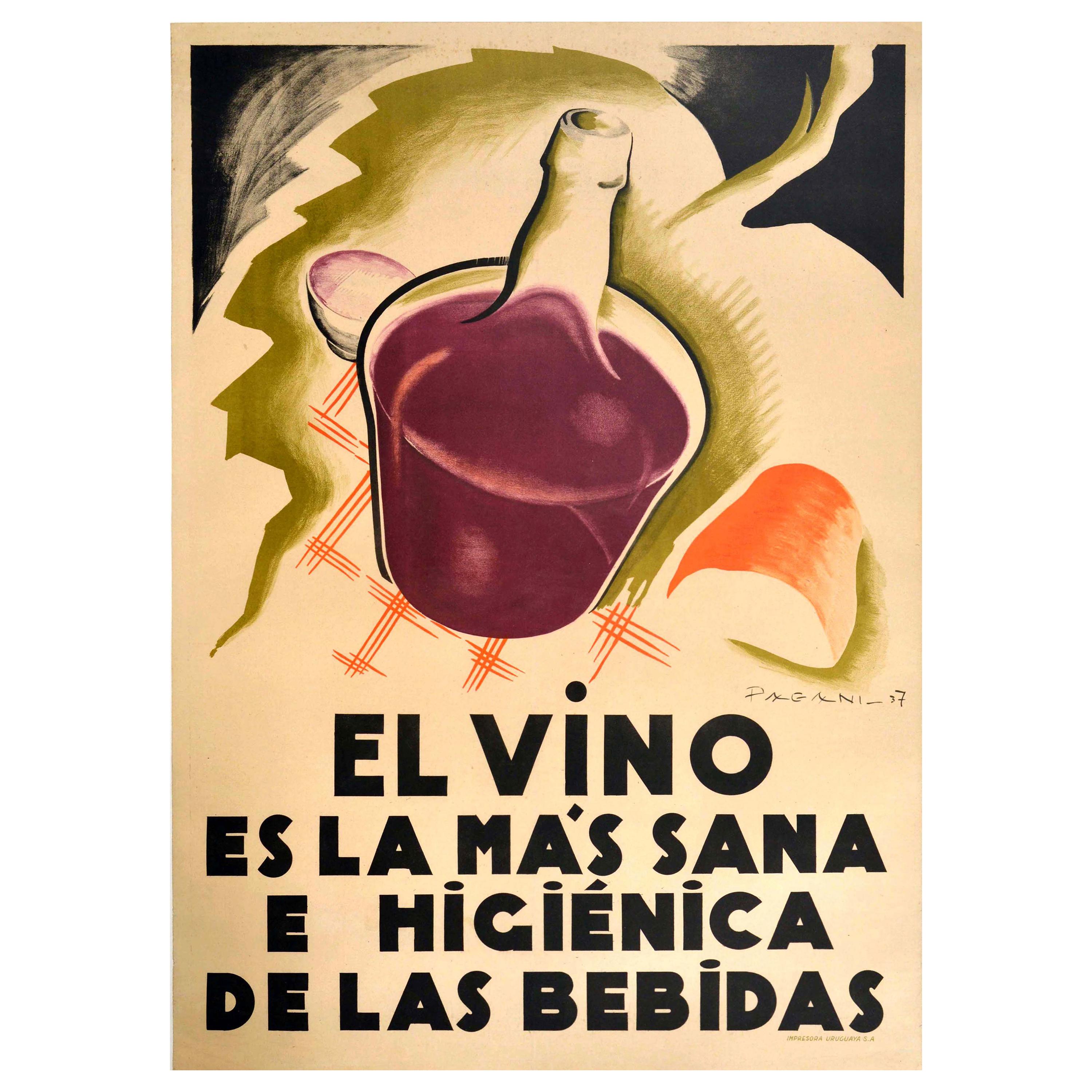 Affiche vintage d'origine Vino Art Déco - Le meilleur boisson à boire est un vin, citation de Louis Pasteur en vente