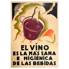 Original Vintage Poster Vino Art Deco Wine Healthiest Drink Louis Pasteur Quote