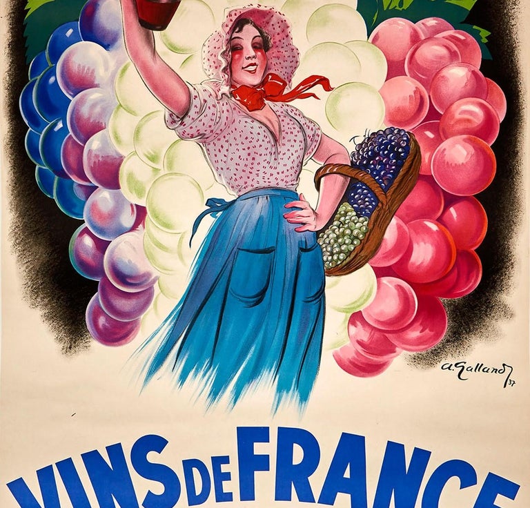 Original Vintage Poster Vins De France Sante Gaiete Esperance French Wine Cheer In Good Condition For Sale In London, GB