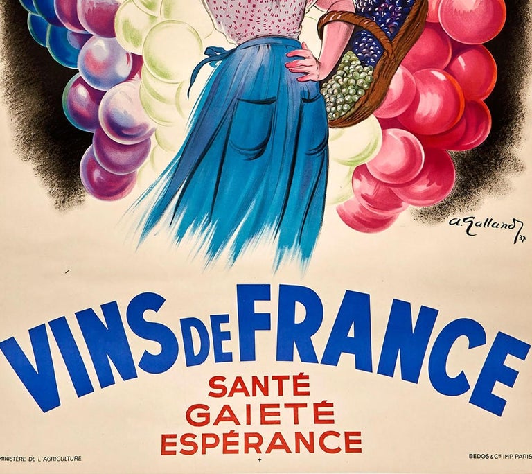Mid-20th Century Original Vintage Poster Vins De France Sante Gaiete Esperance French Wine Cheer For Sale