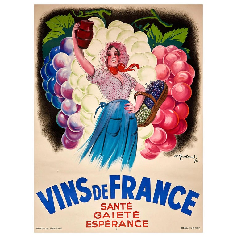 Original Vintage Poster Vins De France Sante Gaiete Esperance French Wine Cheer For Sale