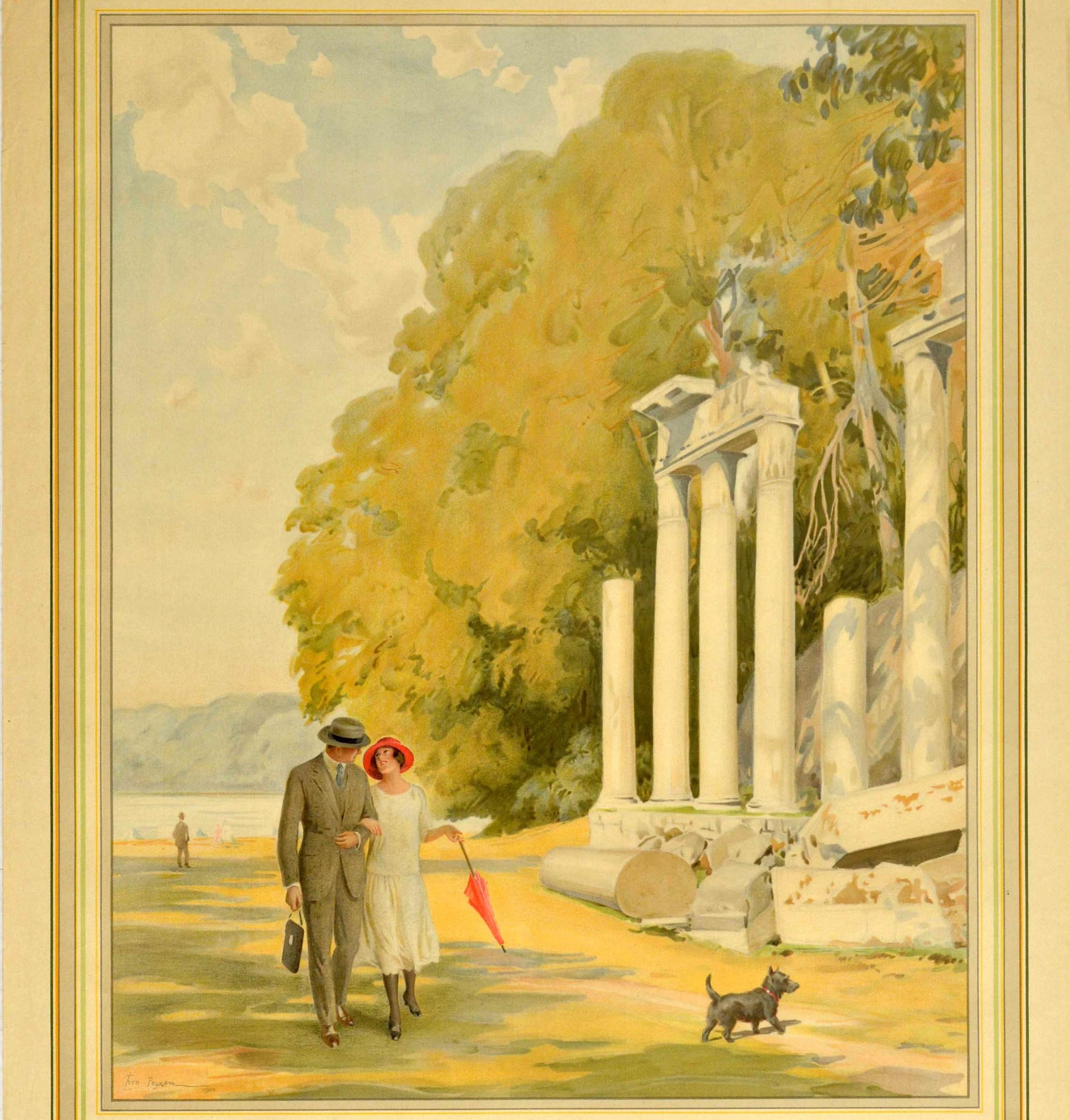 Original vintage London Transport poster for “Virginia Water” by Motor Bus General Route 117A from Hounslow Town Station featuring a stunning painting by the British artist Fred Pegram (Frederick Pegram; 1870-1937) of a couple walking arm-in-arm