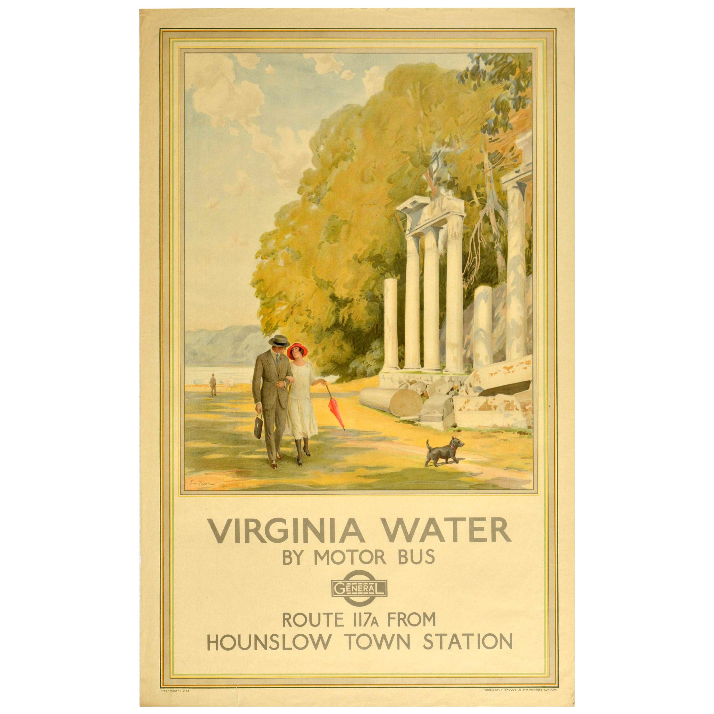 Original Vintage Poster Virginia Water Lake Park Ruins Dog Walk London Transport For Sale