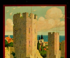 Original Vintage Poster Visby Town Ruins Roses Sweden Travel Medieval City Wall