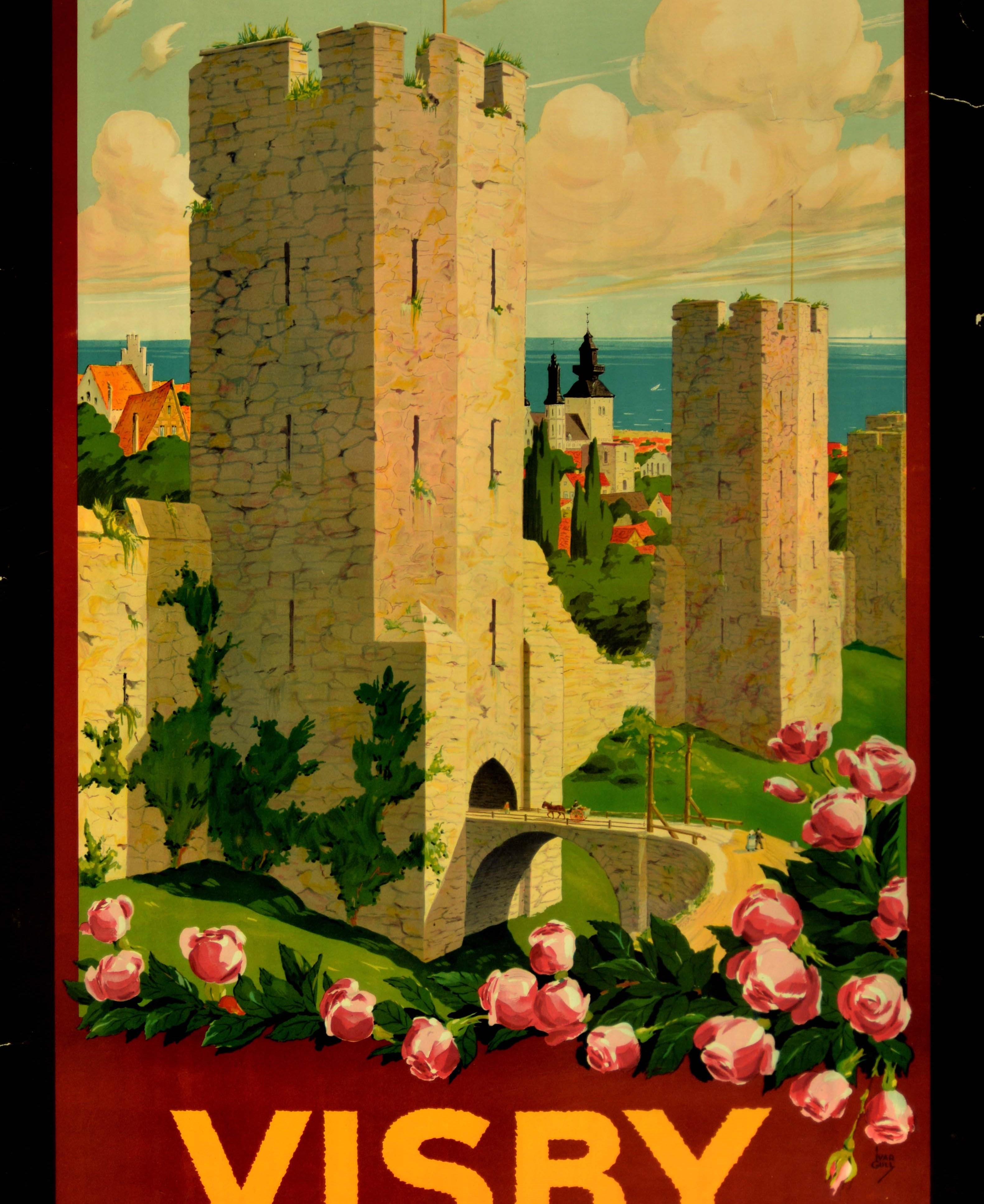Affiche rétro originale de Visby Town, Rues et Roses, Suède, Voyage, Ville médiévale, Porte murale État moyen - En vente à London, GB