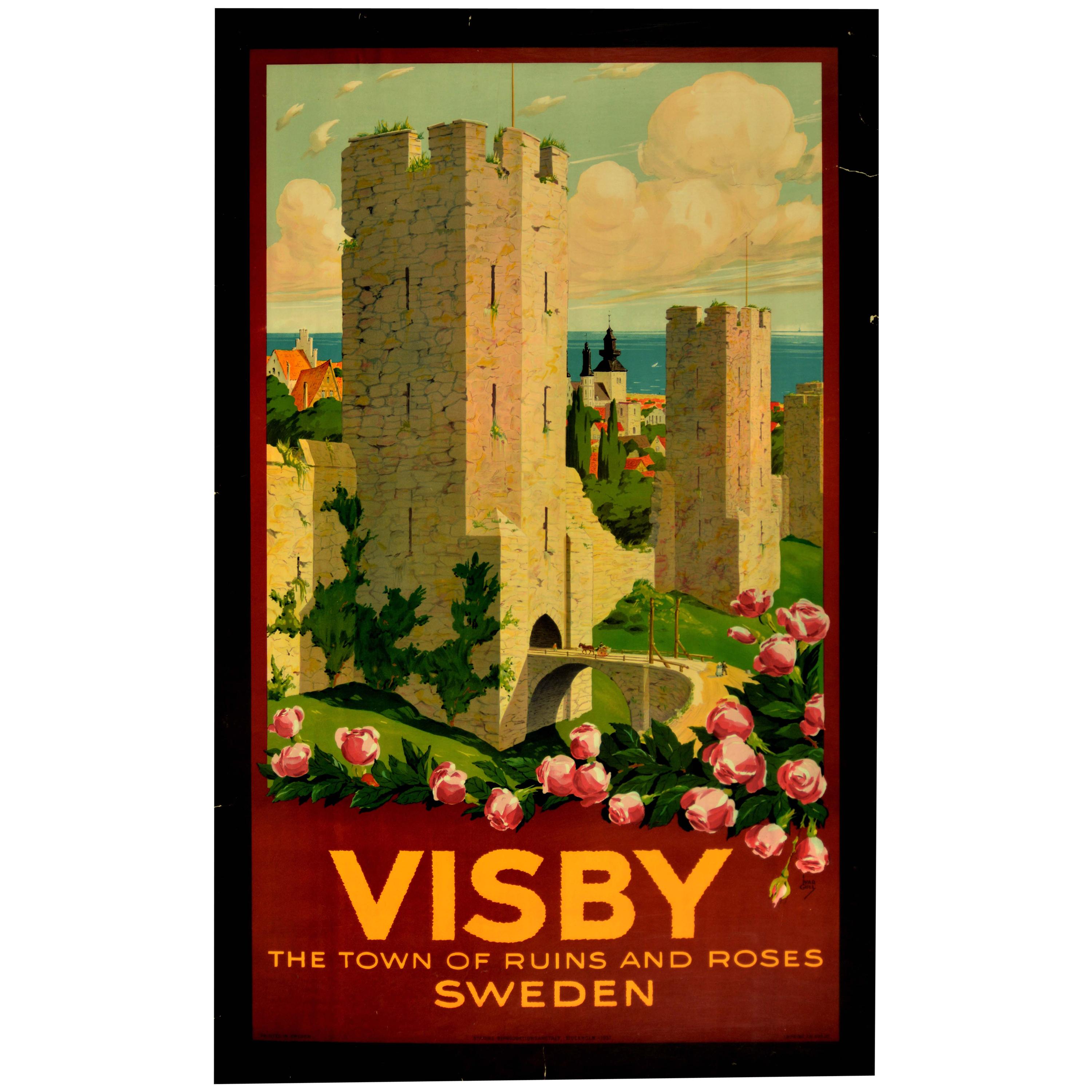 Affiche rétro originale de Visby Town, Rues et Roses, Suède, Voyage, Ville médiévale, Porte murale en vente