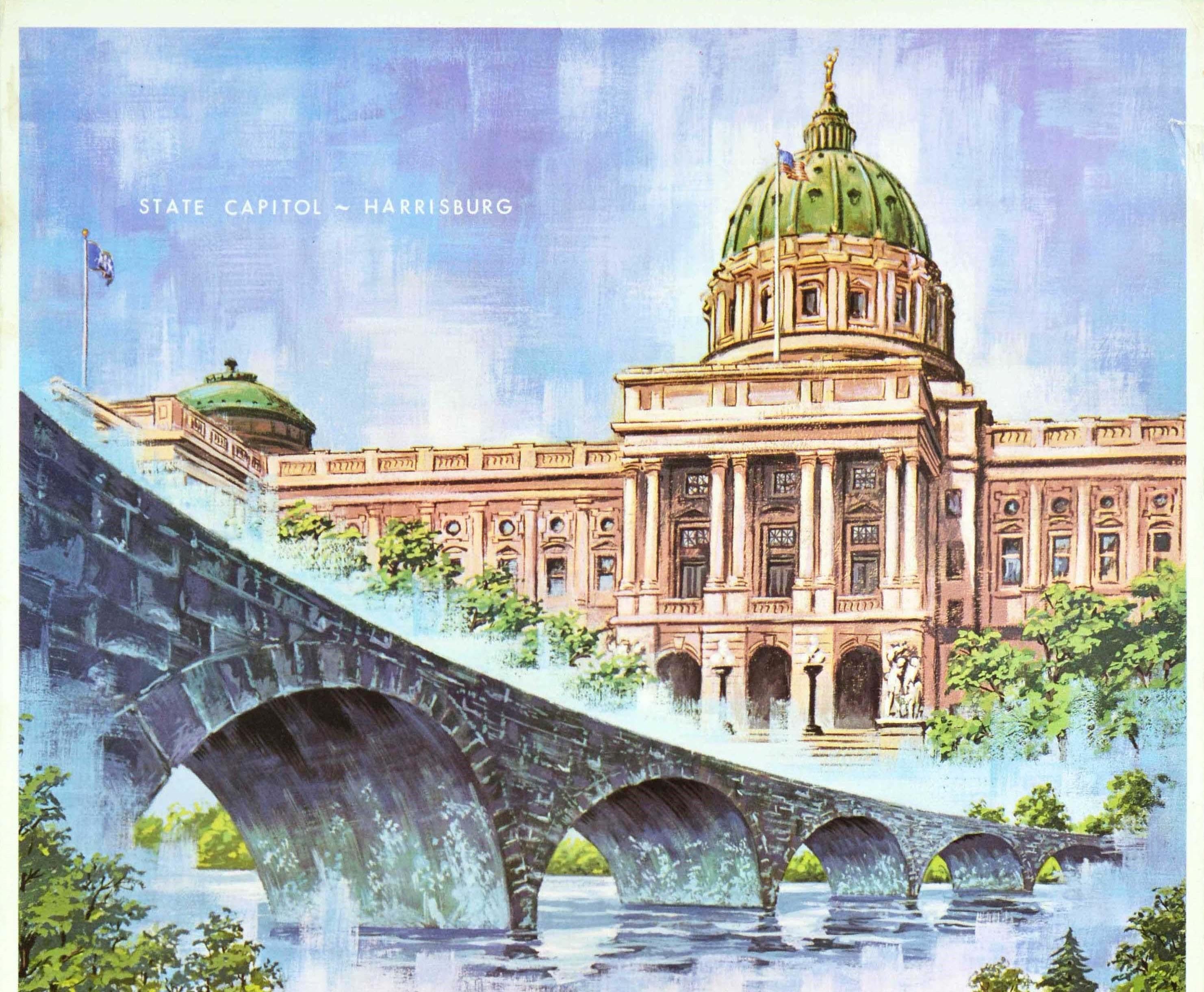 Original vintage travel poster - State Capitol Harrisburg Visit Pennsylvania - featuring three illustrations: a view of the State Capitol building and dome topped by the Commonwealth statue (1905; sculptor Roland Hinton Perry) against the blue sky