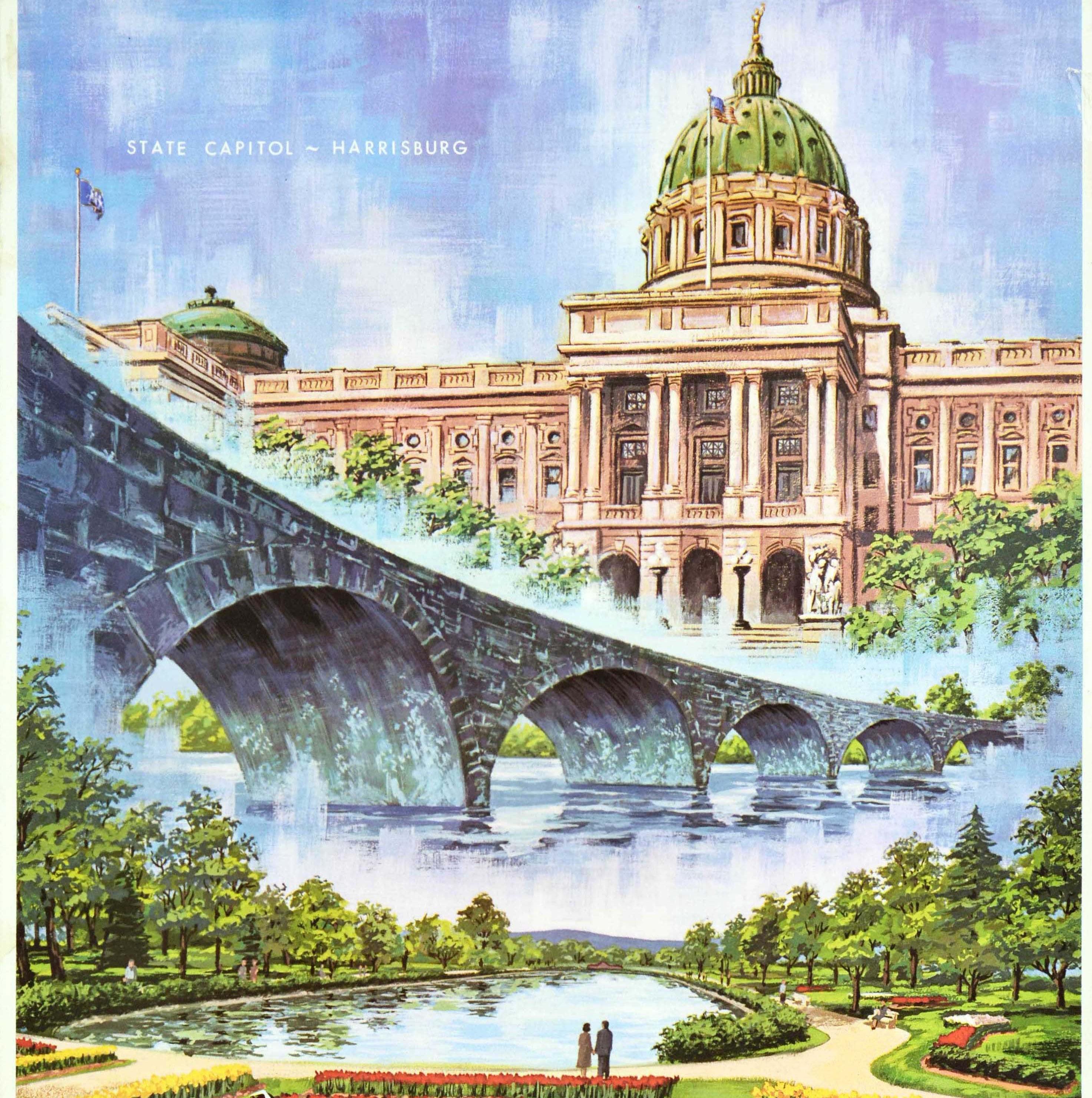 Original Vintage Poster Visit Pennsylvania State Capitol Harrisburg Travel Art In Good Condition In London, GB