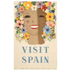 Original Vintage Poster Visit Spain Travel Floral Design Flowers Art Typography