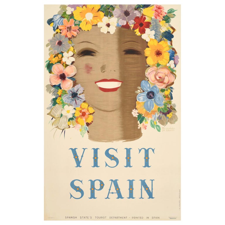 Original Vintage Poster Visit Spain Travel Floral Design Flowers Art Typography For Sale At 1stdibs