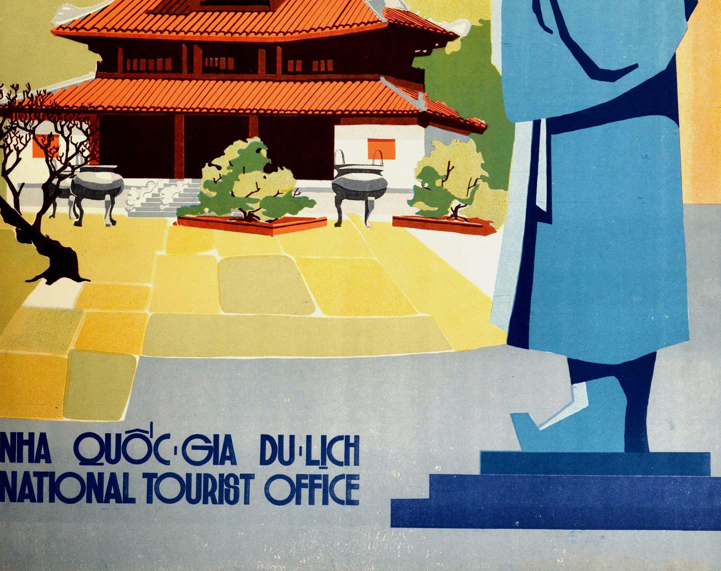 Vietnamese Original Vintage Poster Visit Vietnam Hue Khai Dinh Statue Pagoda Palace Travel