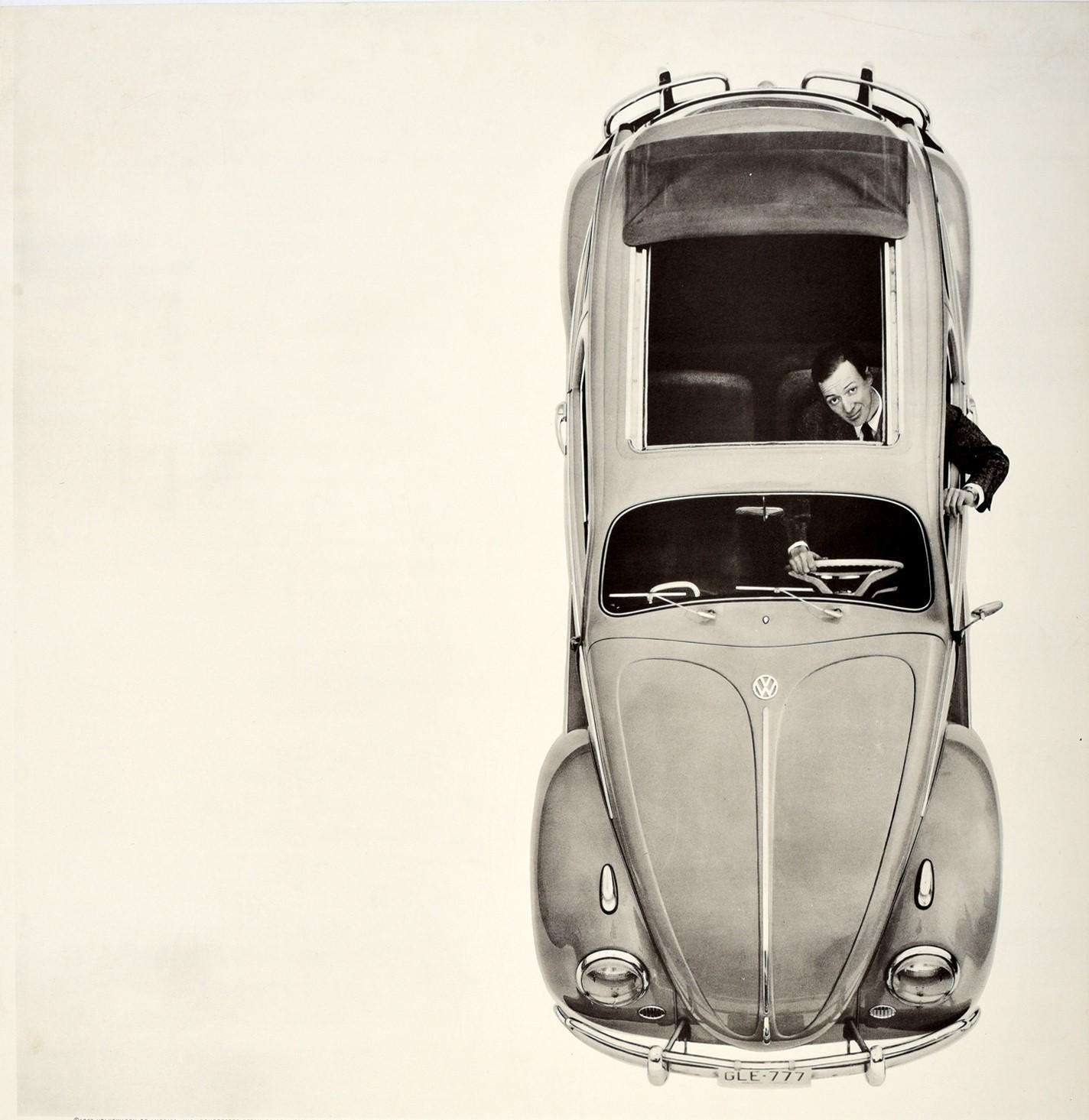 Original vintage car dealer showroom advertising poster for Volkswagen Beetle - Our most expensive option: A hole in the roof - featuring a great design showing a smartly dressed man wearing a suit and looking up to the viewer through the open sun