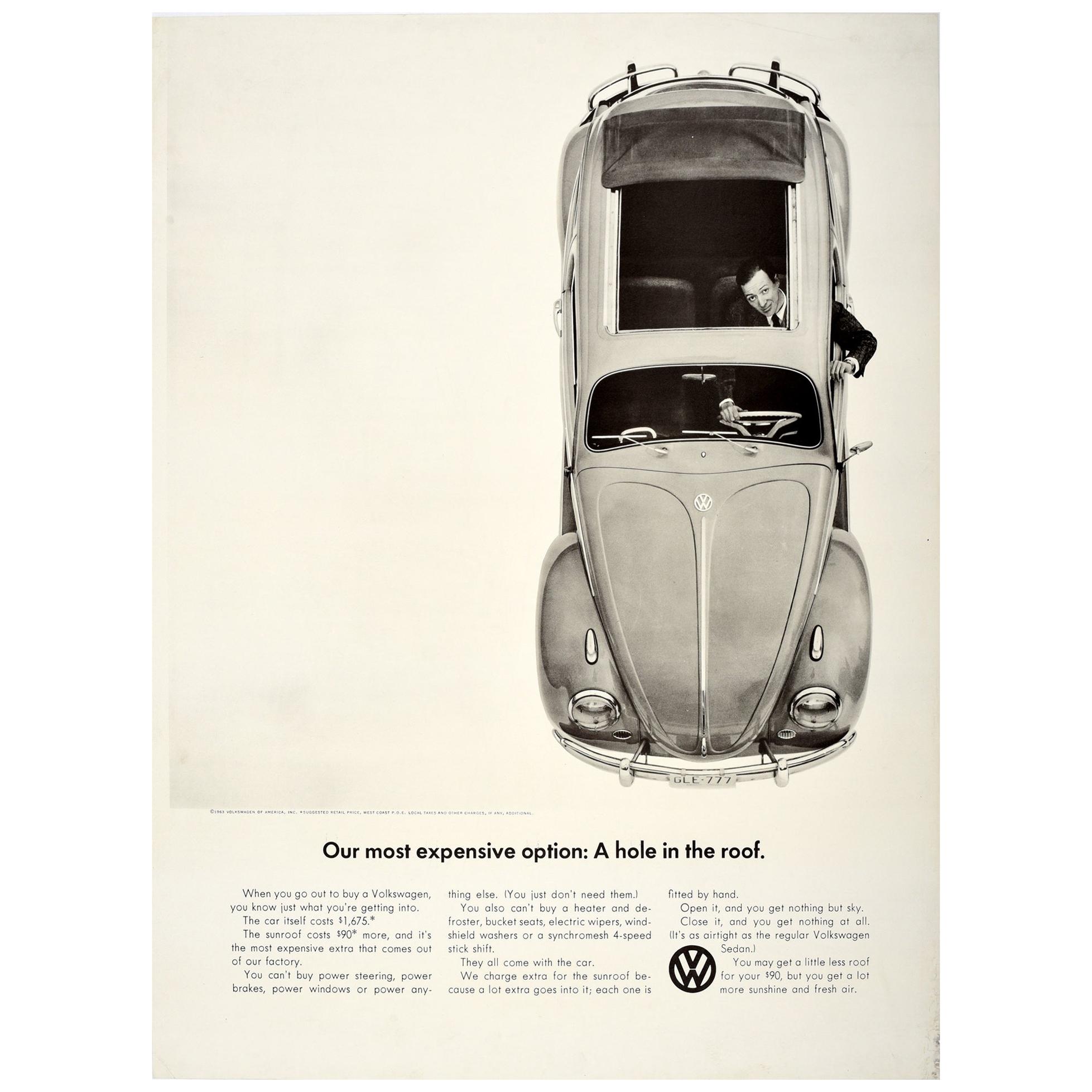 Original Vintage Poster Volkswagen Car Showroom Ad VW Beetle Hole In The Roof For Sale