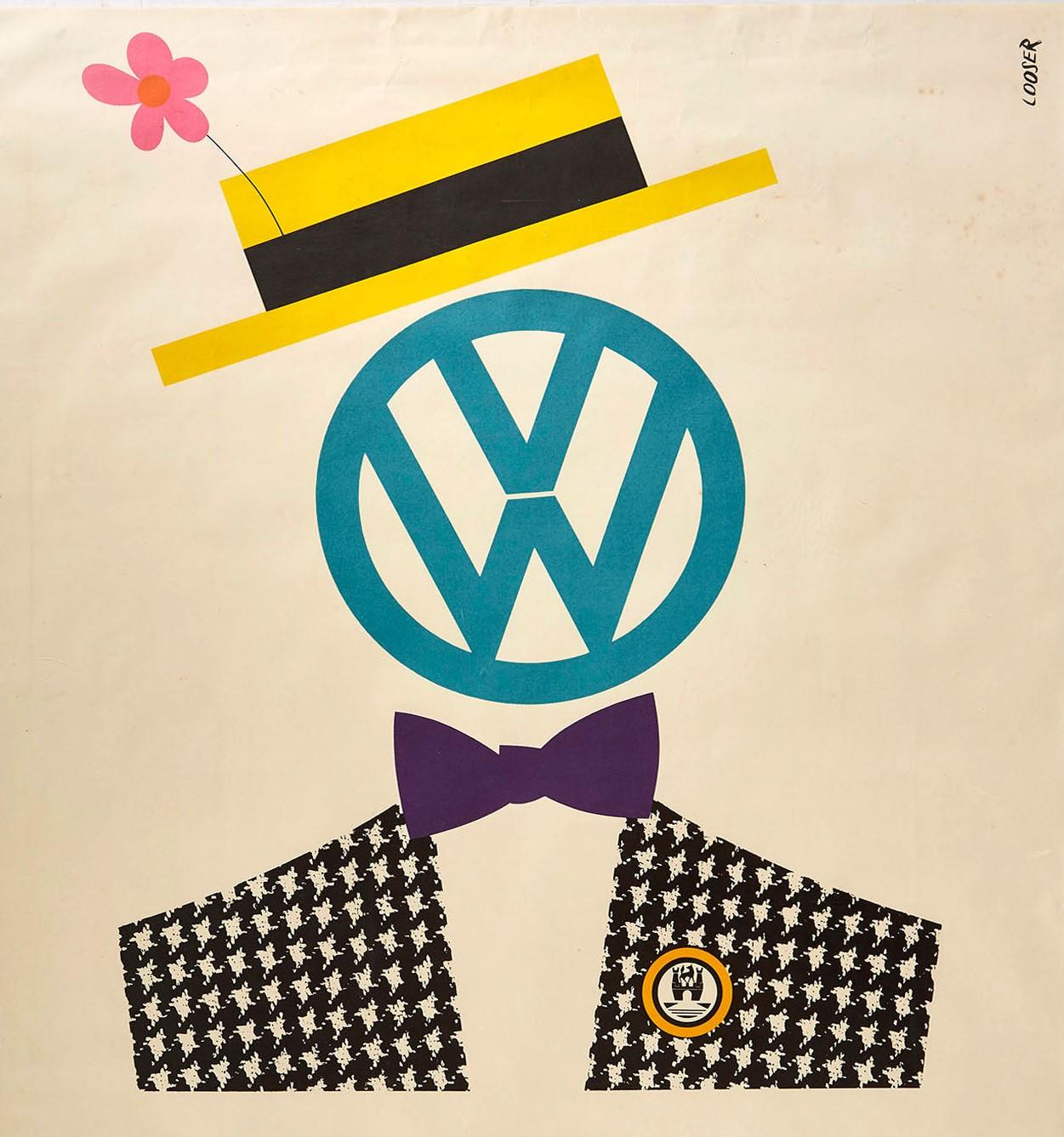 Original vintage car advertising poster for Volkswagen Der Ewig Junge / VW The Eternally Young featuring great design by the renowned graphic artist Hans Looser (1919-1988) depicting a figure with a blue Volkswagen logo for a face wearing a
