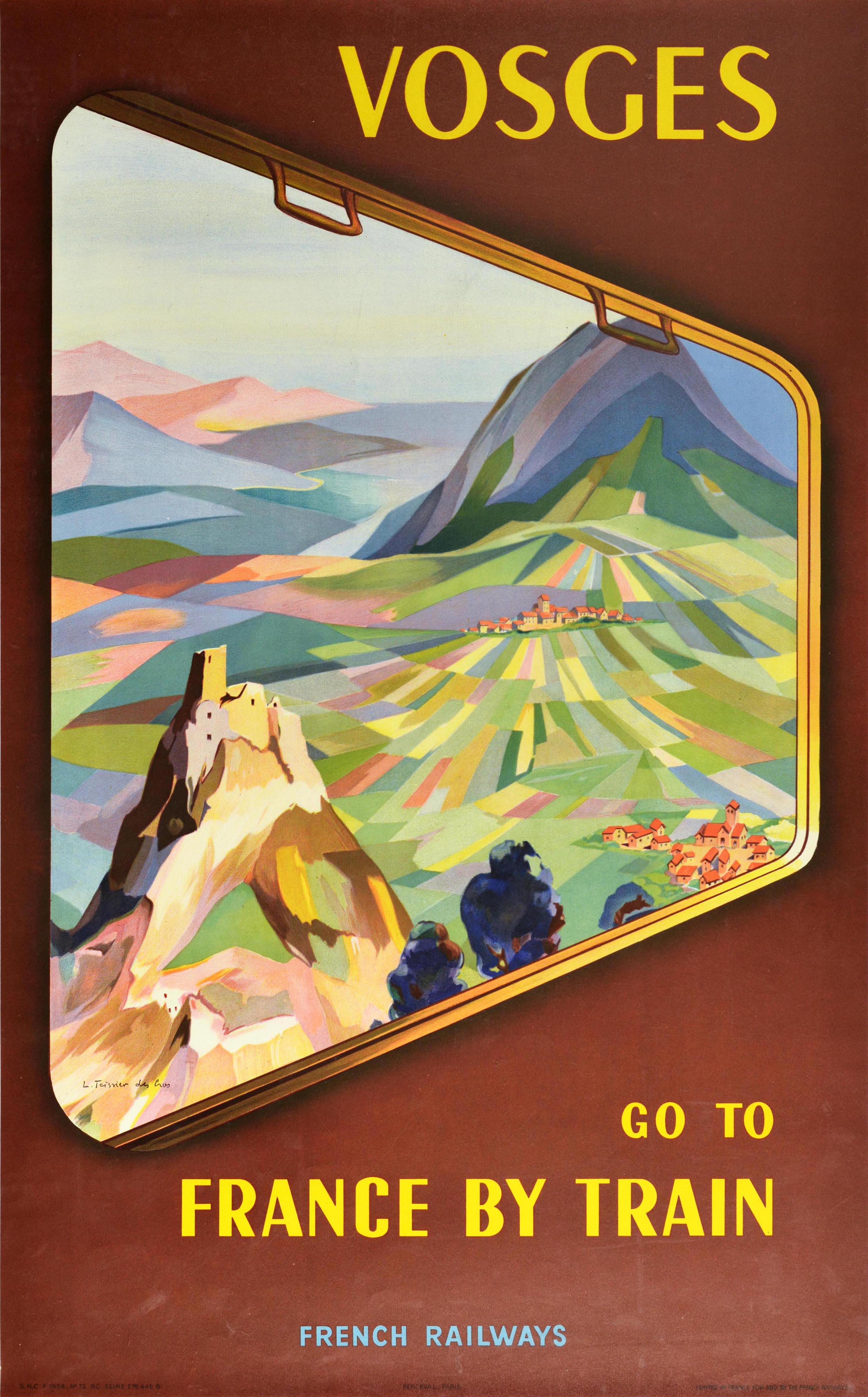 Original vintage French railway travel poster for Vosges in eastern France featuring a view out of a train window looking towards the historic Chateau de Wangenbourg castle ruins on a rocky hill top overlooking fields and villages with mountains in