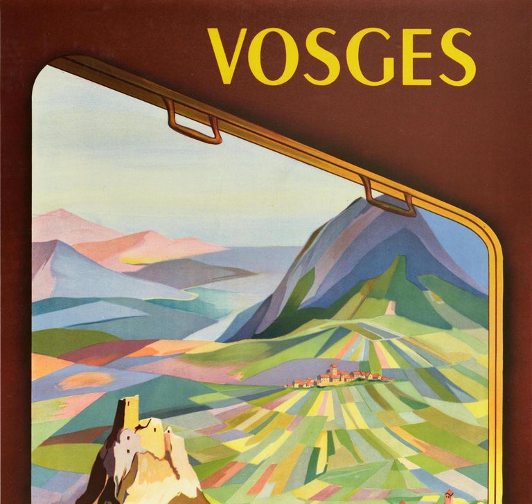 Original Vintage Poster Vosges France By Train French Railways Mountains Castle In Good Condition For Sale In London, GB