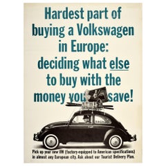 Poster originale d'epoca VW Beetle Auto Showroom Ad acquistare una Volkswagen in Europa