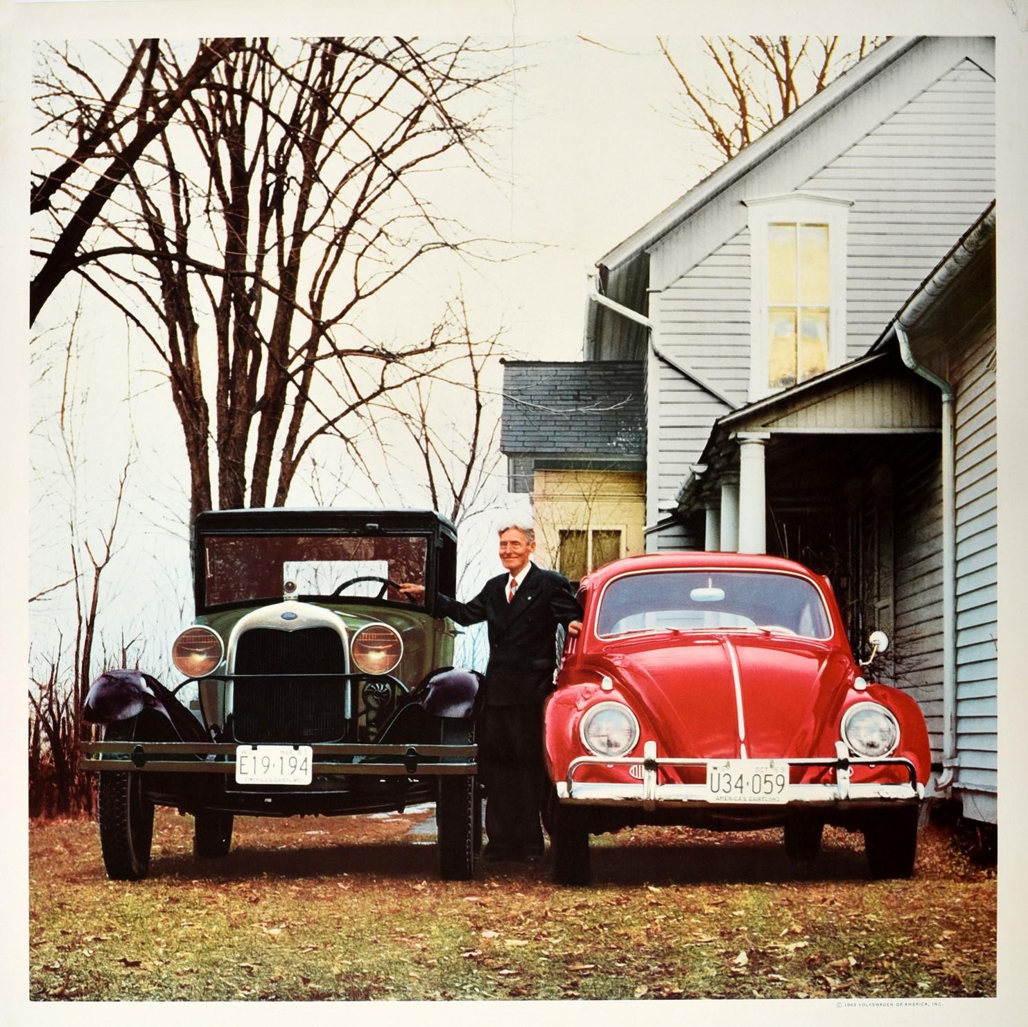 Original vintage car advertising poster for Volkswagen Beetle - 33 years later, he got the bug - featuring a great design depicting a smiling man wearing a suit standing between a red VW Beetle and a green 1929 Model A Ford next to a blue wood