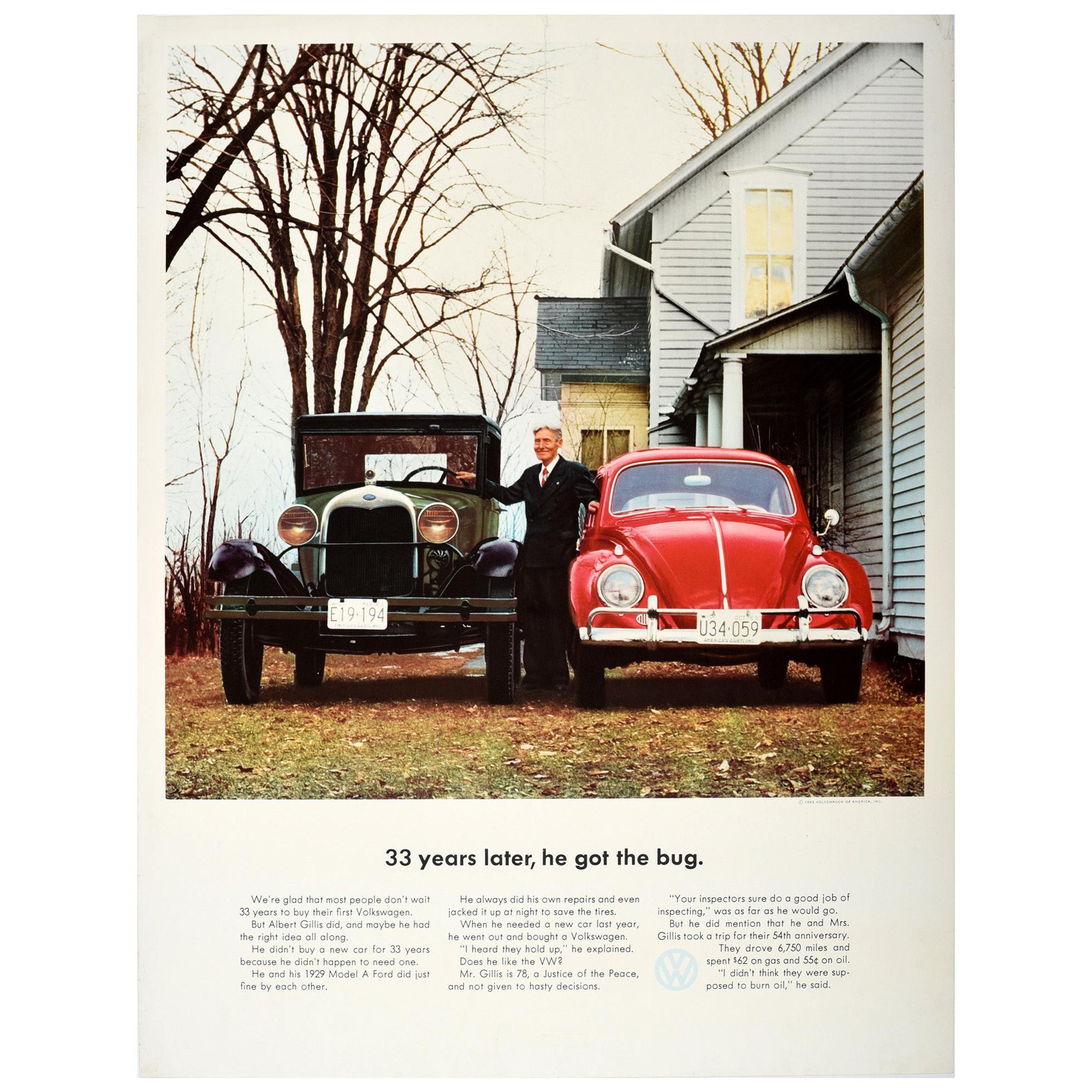 Original Vintage Poster VW Bug Ford Model A Volkswagen Beetle Car Showroom Ad For Sale