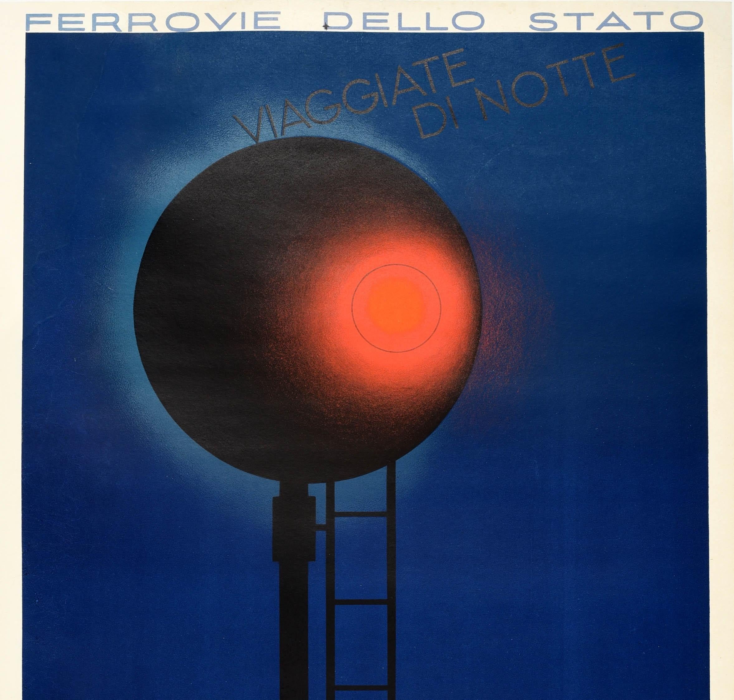 Original vintage travel advertising poster - Ferrovie Dello Stato Viaggiate Di Notte In Wagons Lits / State Railways Travel At Night In Sleeper Carriages - featuring stunning artwork by the notable poster designer A.M. Cassandre (Adolphe Mouron