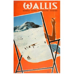 Original Retro Poster Wallis Valais Ski Resort Winter Sport Deck Chair Design