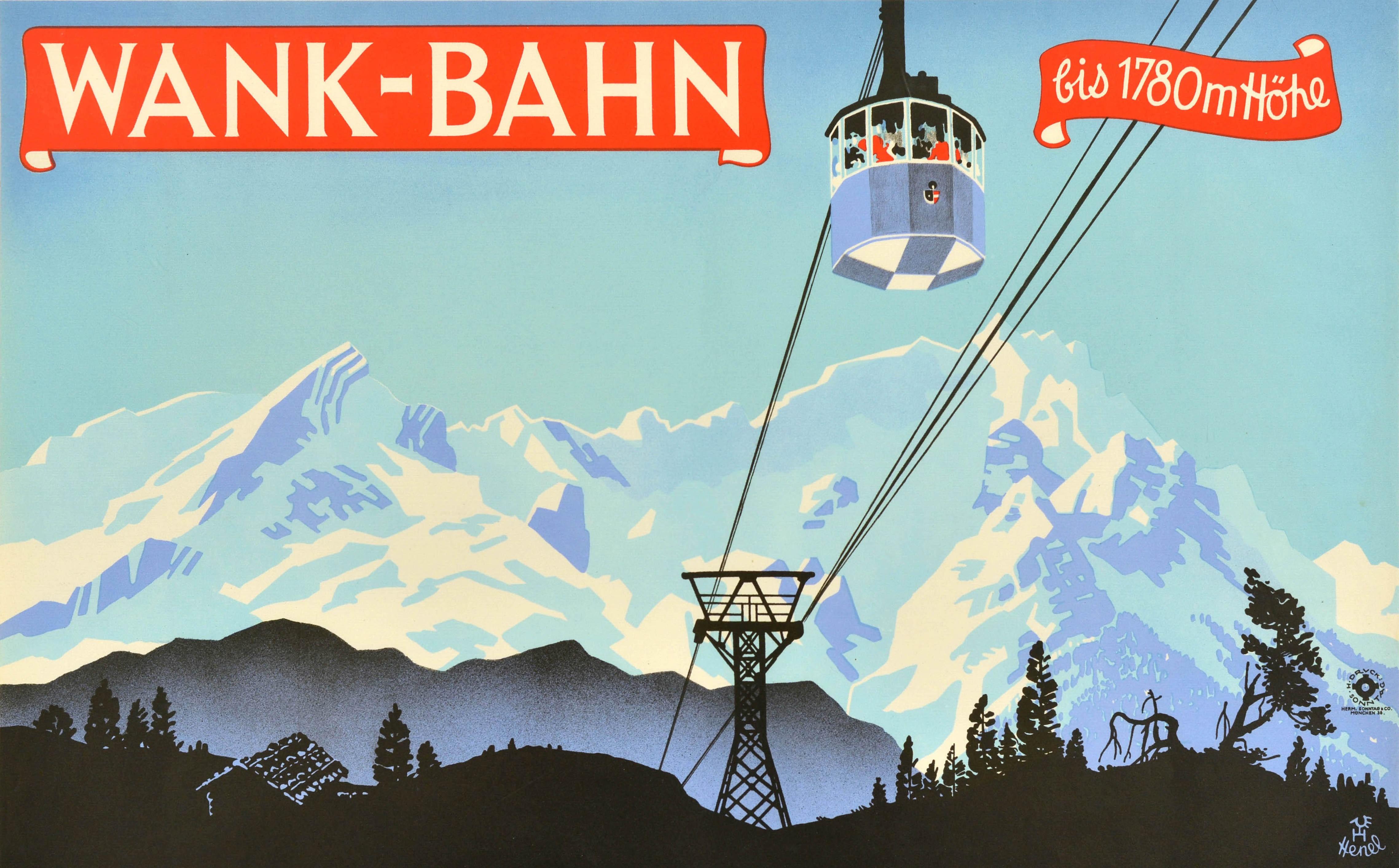 Original vintage winter sport travel poster advertising the Wank-bahn bis 1780m hohe / up to 1780m cable car on the Wank mountain near the Garmisch-Partenkirchen alpine ski resort town in Bavaria Germany featuring great artwork showing people riding