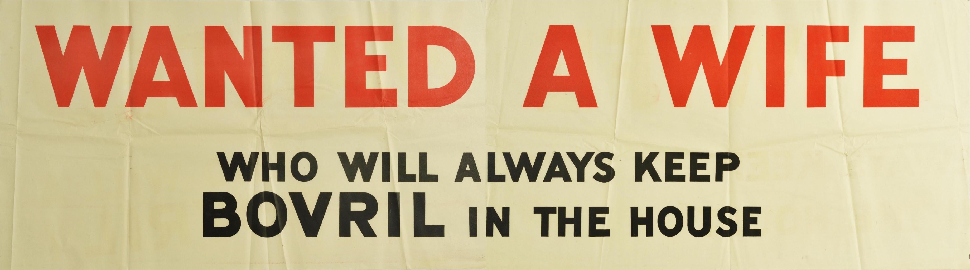 Original vintage food advertising poster for Bovril - Wanted a wife who will always keep Bovril in the house - featuring bold red and black lettering on a white background. Printed in Britain in the 1930s, this campaign used puns and word play to