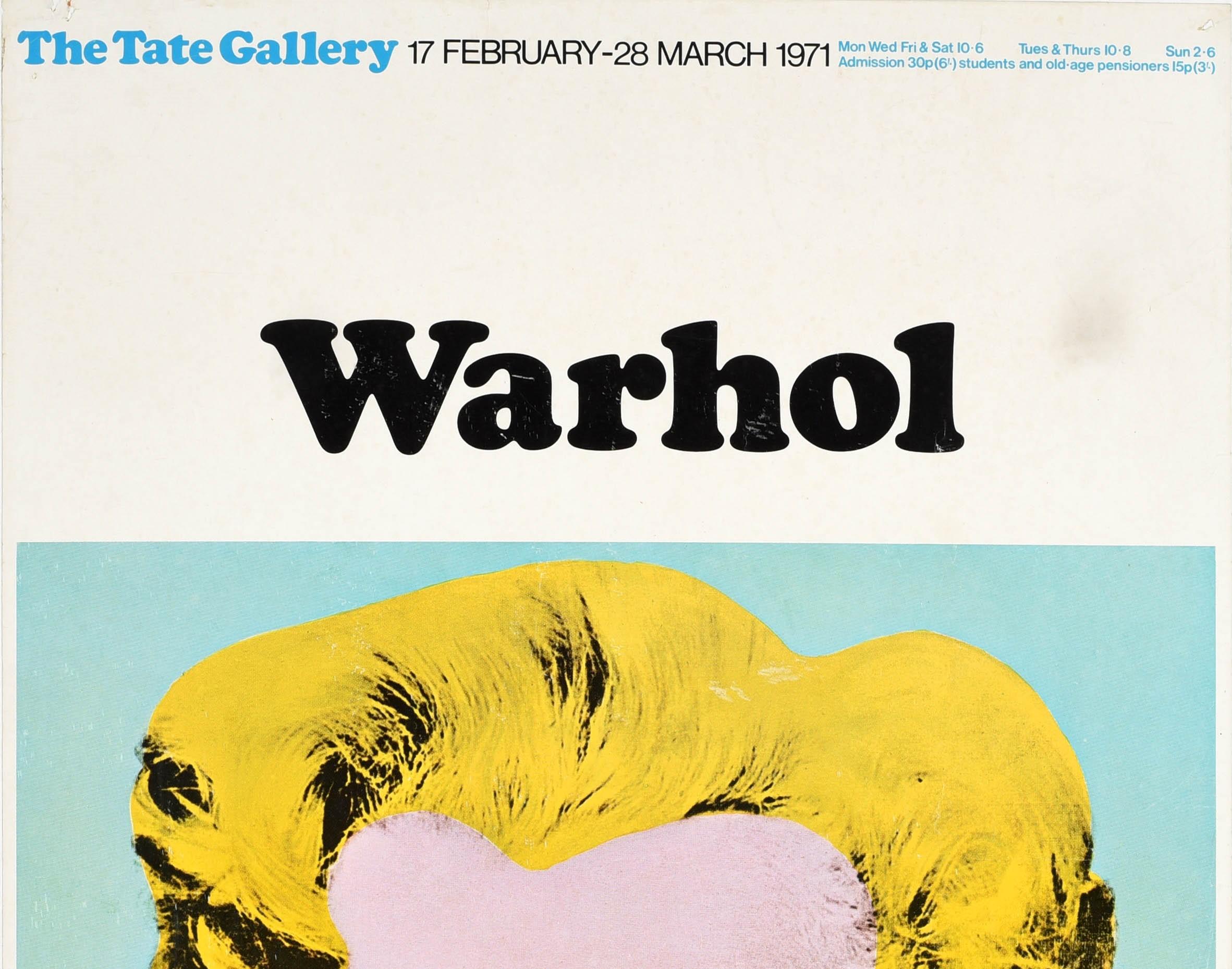 Original vintage art exhibition poster featuring a colourful iconic pop art image of Marilyn Monroe (1926-1962) by the notable American artist Andy Warhol (1928-1987) for a Warhol exhibition at the Tate Gallery in London from 17 February to 28 March