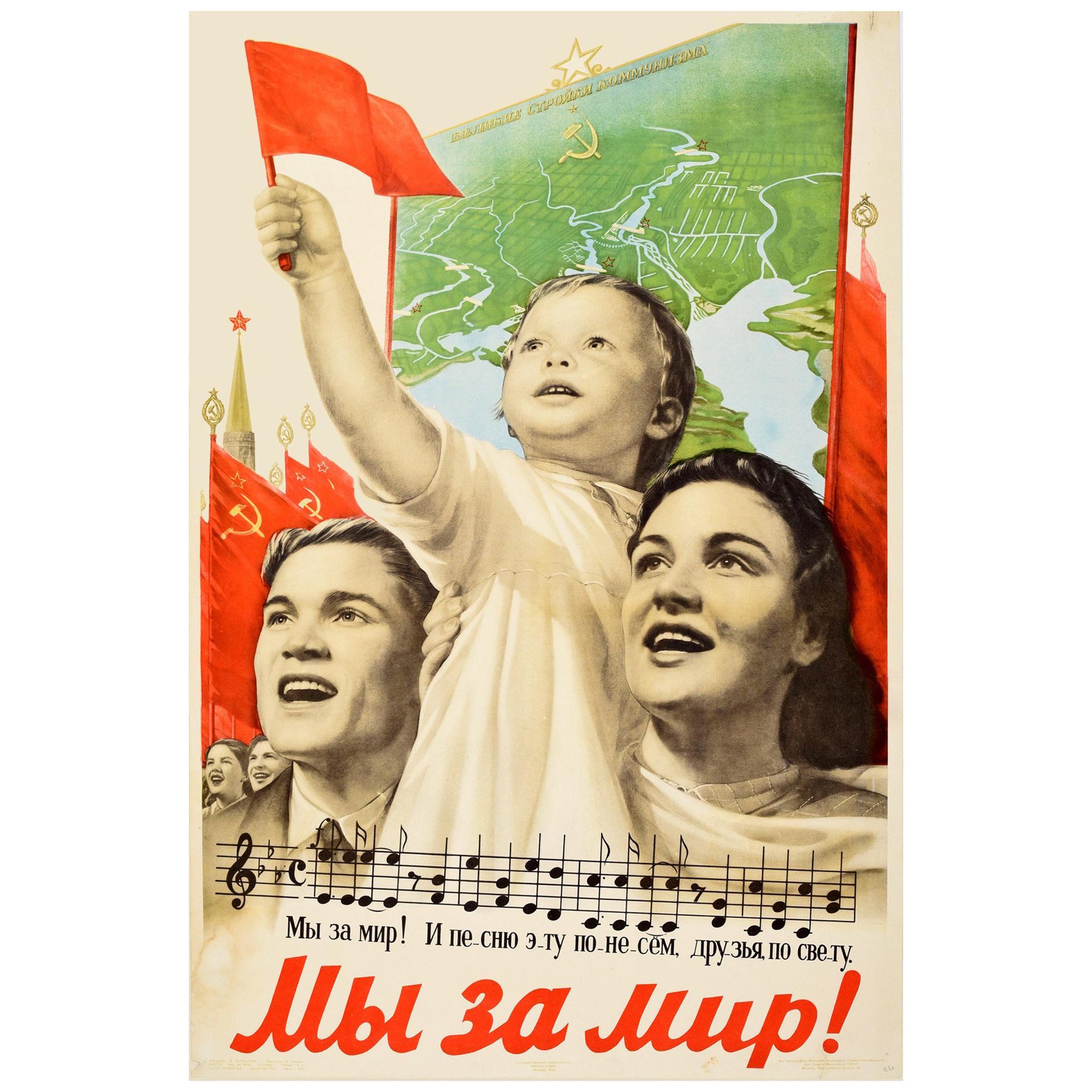 Original Vintage Poster We Are For Peace Soviet Propaganda Flags Map Music Song